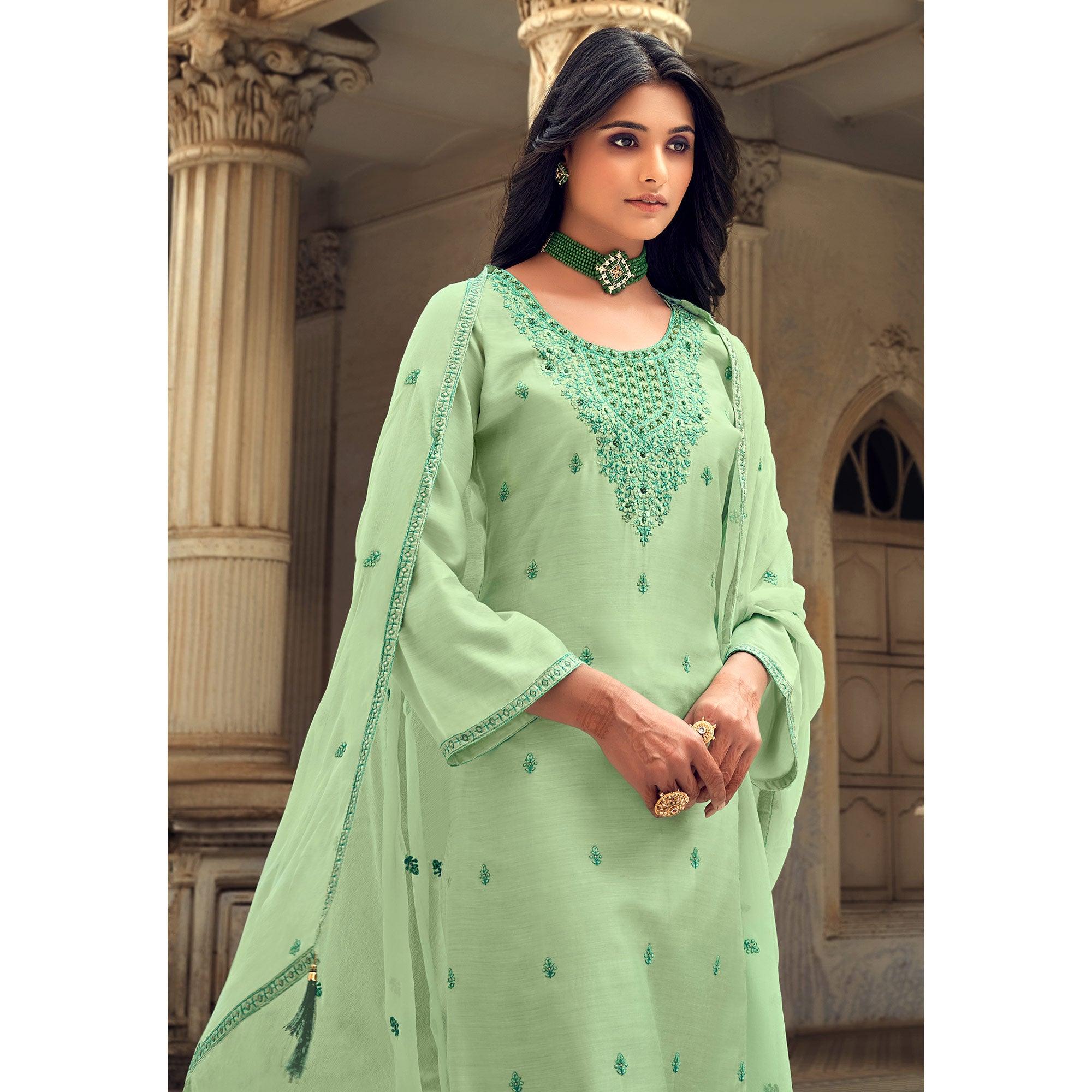 Pista Green Party Wear Embroidered Muslin Suit - Peachmode