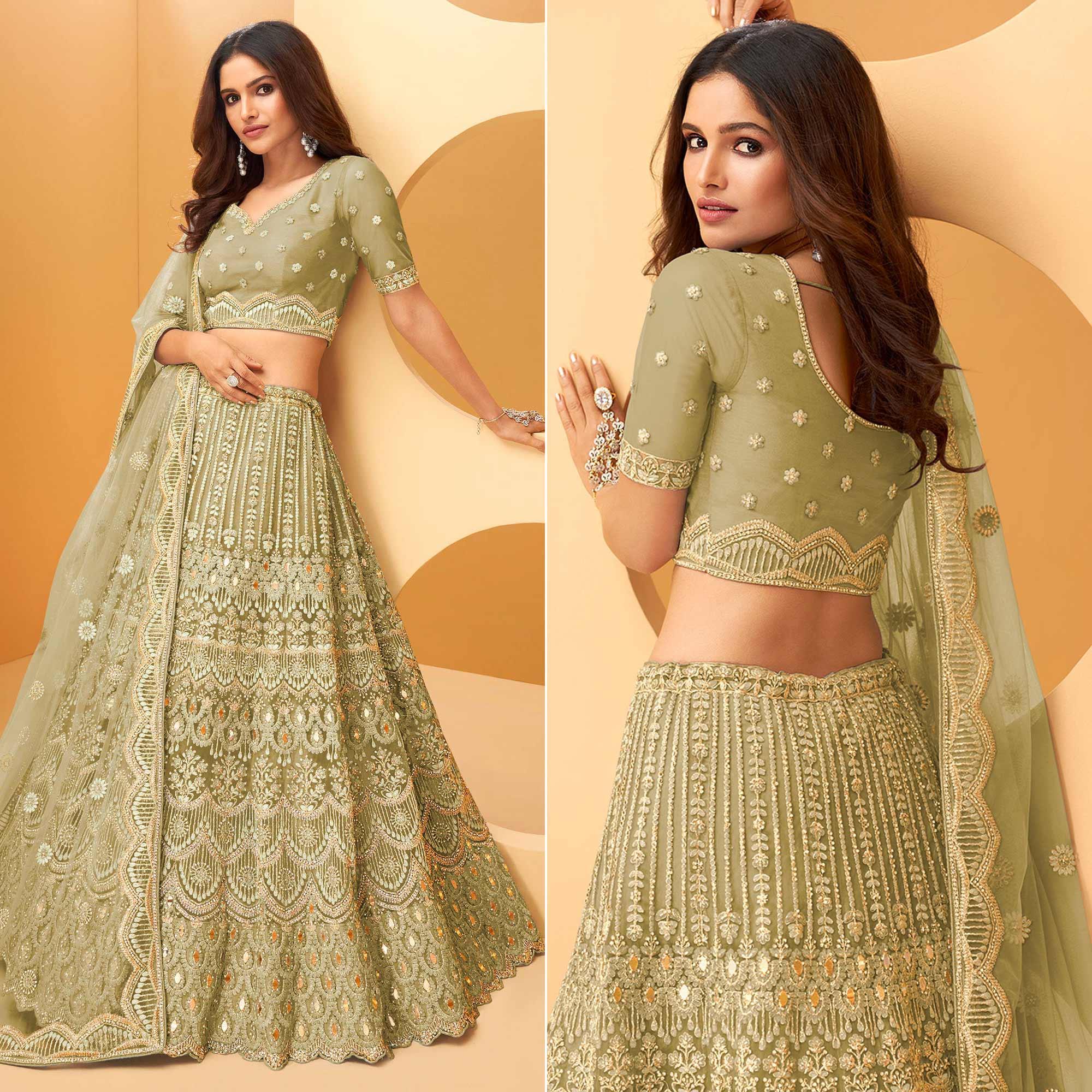 Pista Green Party Wear Embroidered Net Lehenga Choli - Peachmode