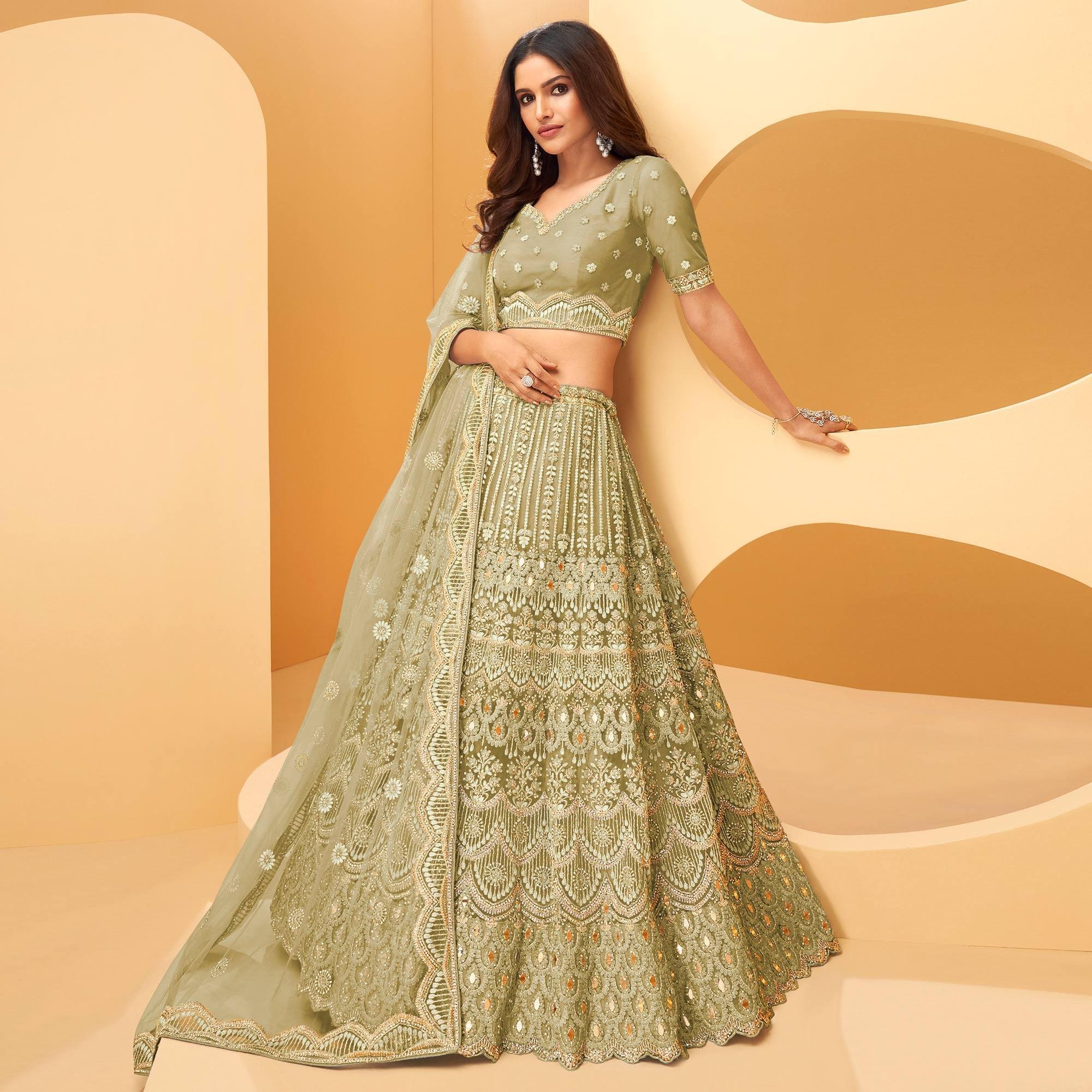 Pista Green Party Wear Embroidered Net Lehenga Choli - Peachmode