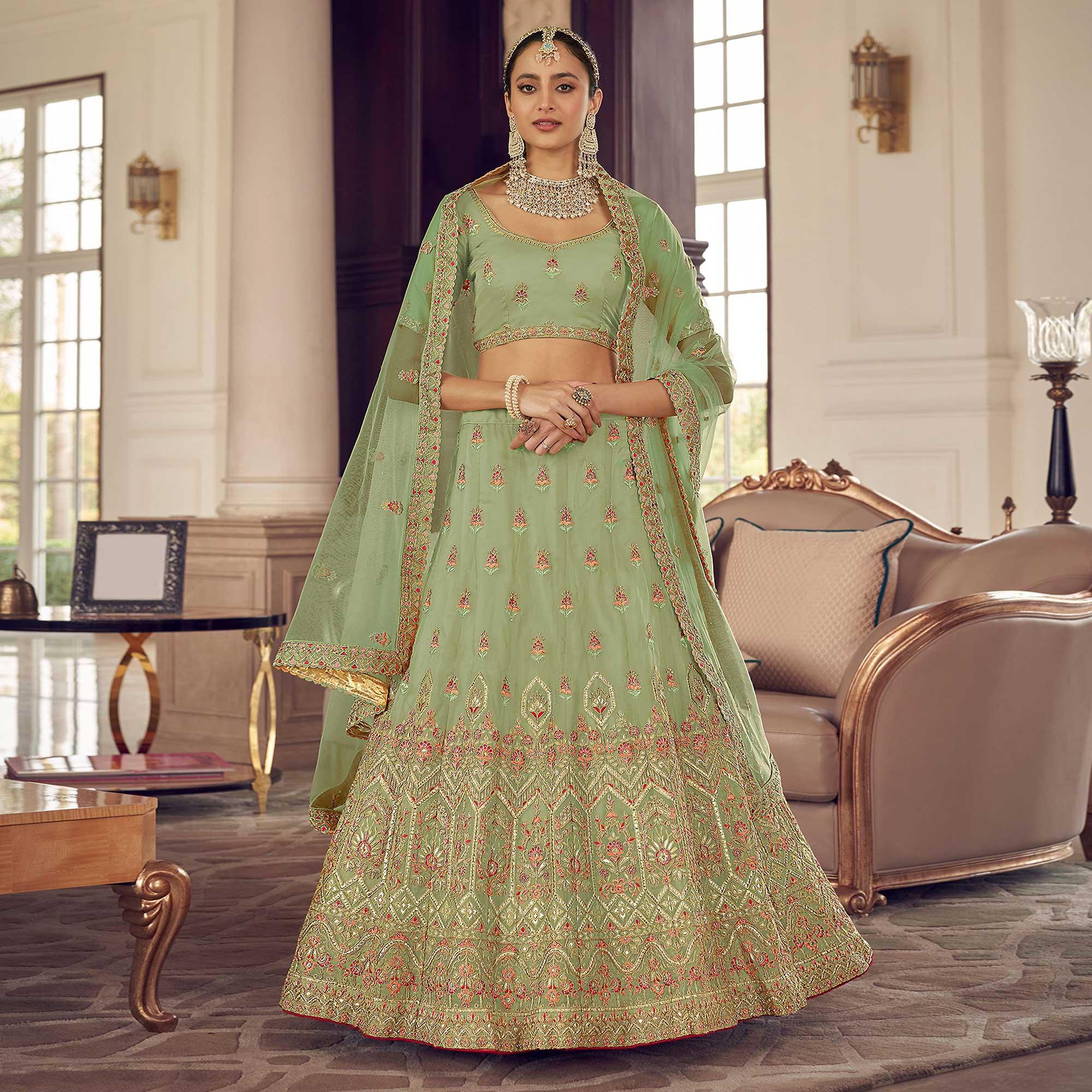 Pista Green Party Wear Embroidered Organza Lehenga Choli - Peachmode