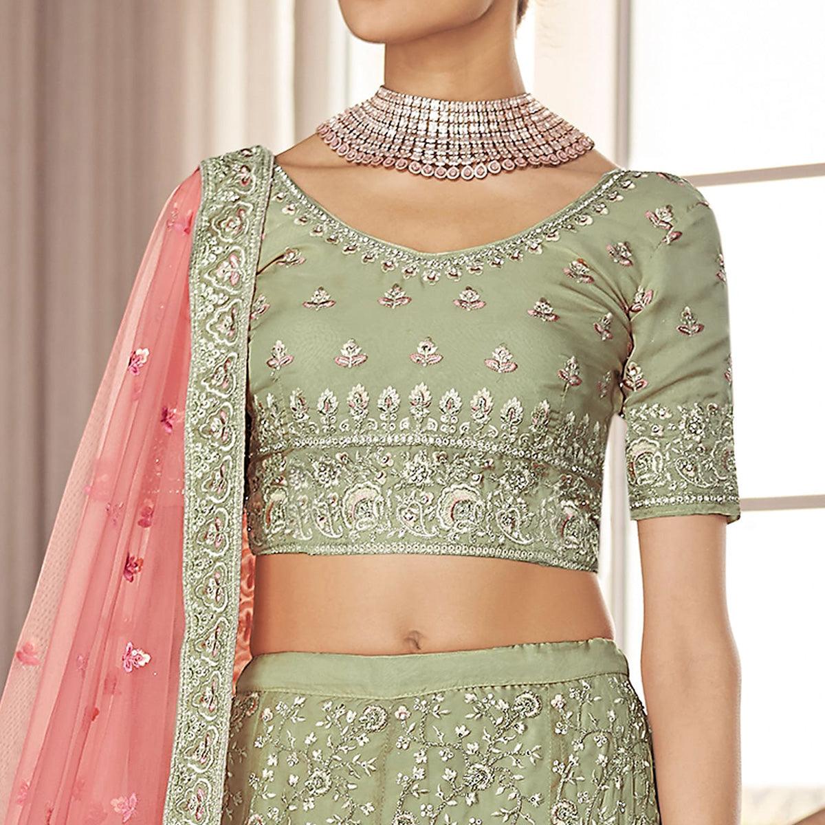Pista Green Party Wear Embroidered Organza Lehenga Choli - Peachmode