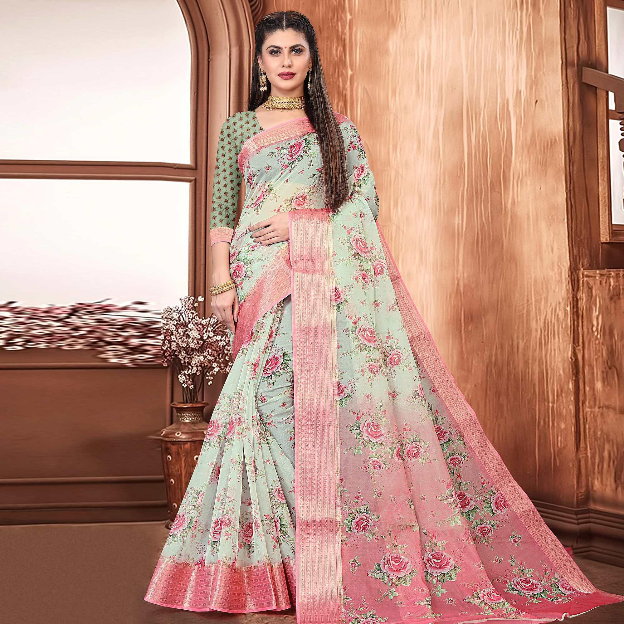 Pista Green Party Wear Floral Digital Printed With Jacquard Border Soft Georgette Saree - Peachmode