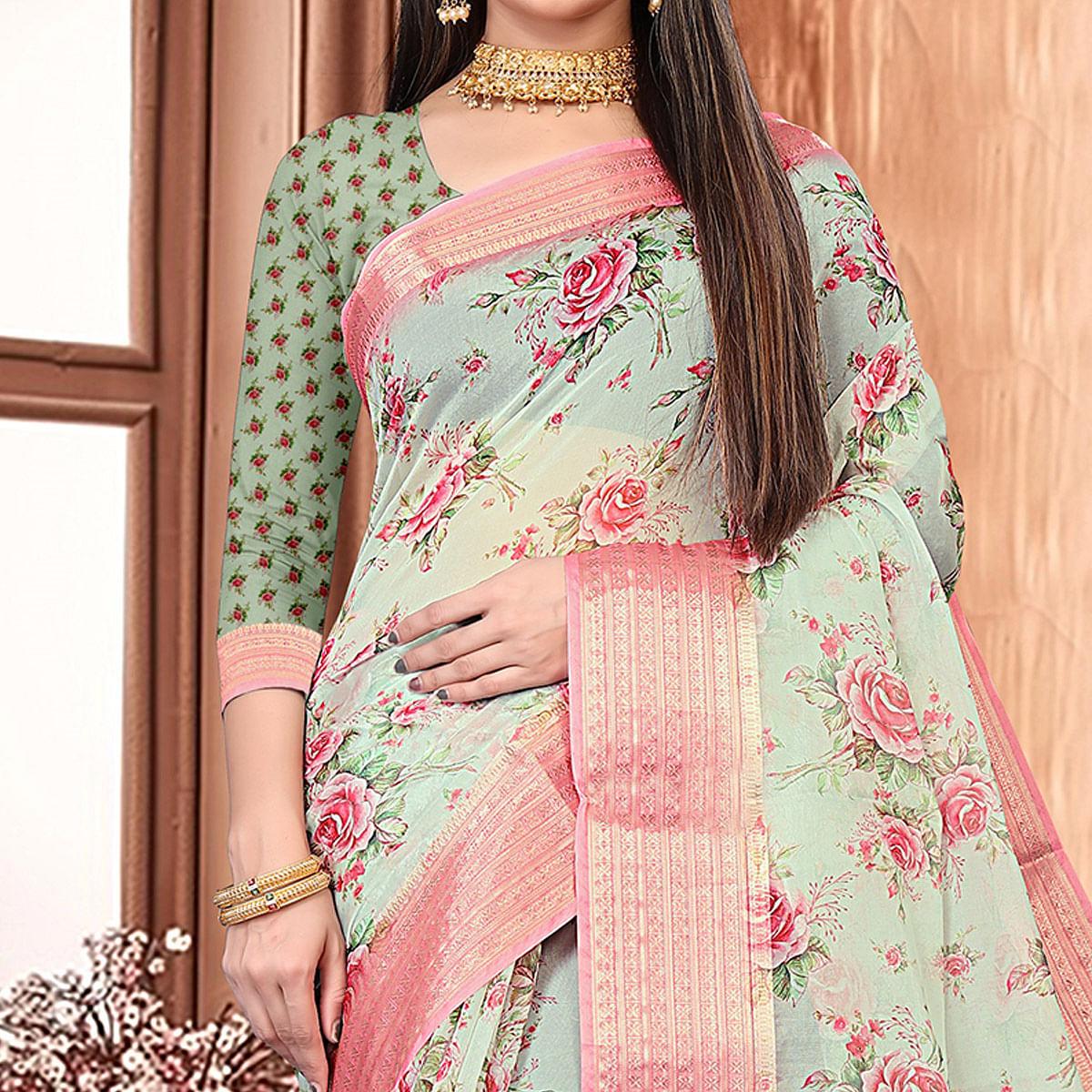Pista Green Party Wear Floral Digital Printed With Jacquard Border Soft Georgette Saree - Peachmode
