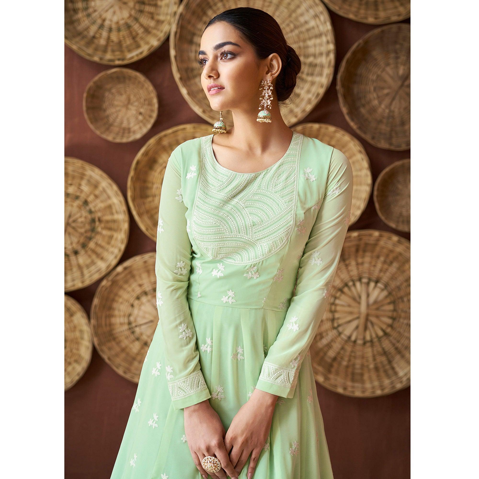 Pista Green Party Wear Heavy Embroidered Georgette Gown - Peachmode