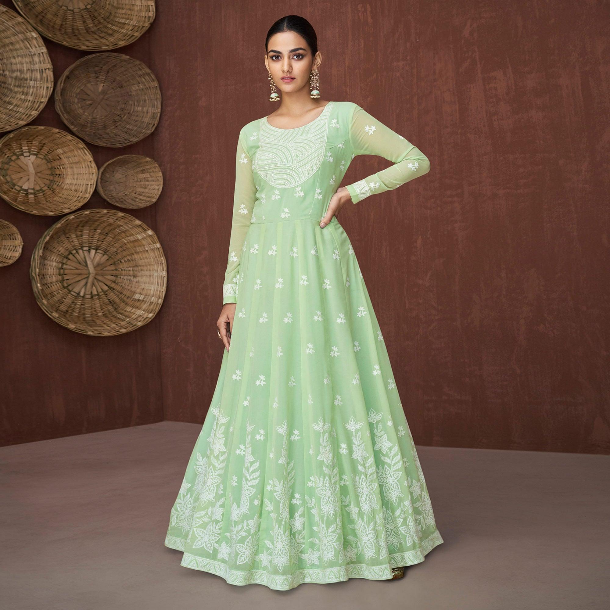 Pista Green Party Wear Heavy Embroidered Georgette Gown - Peachmode