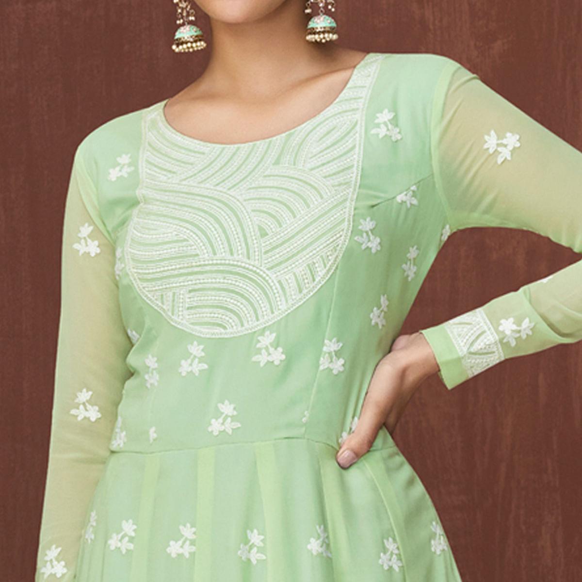 Pista Green Party Wear Heavy Embroidered Georgette Gown - Peachmode