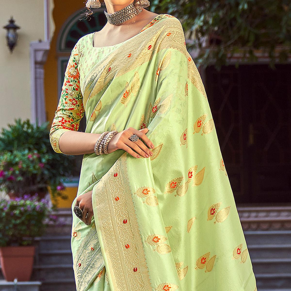 Pista Green Partywear Banarasi Woven Silk Saree with Kashmiri Pallu - Peachmode