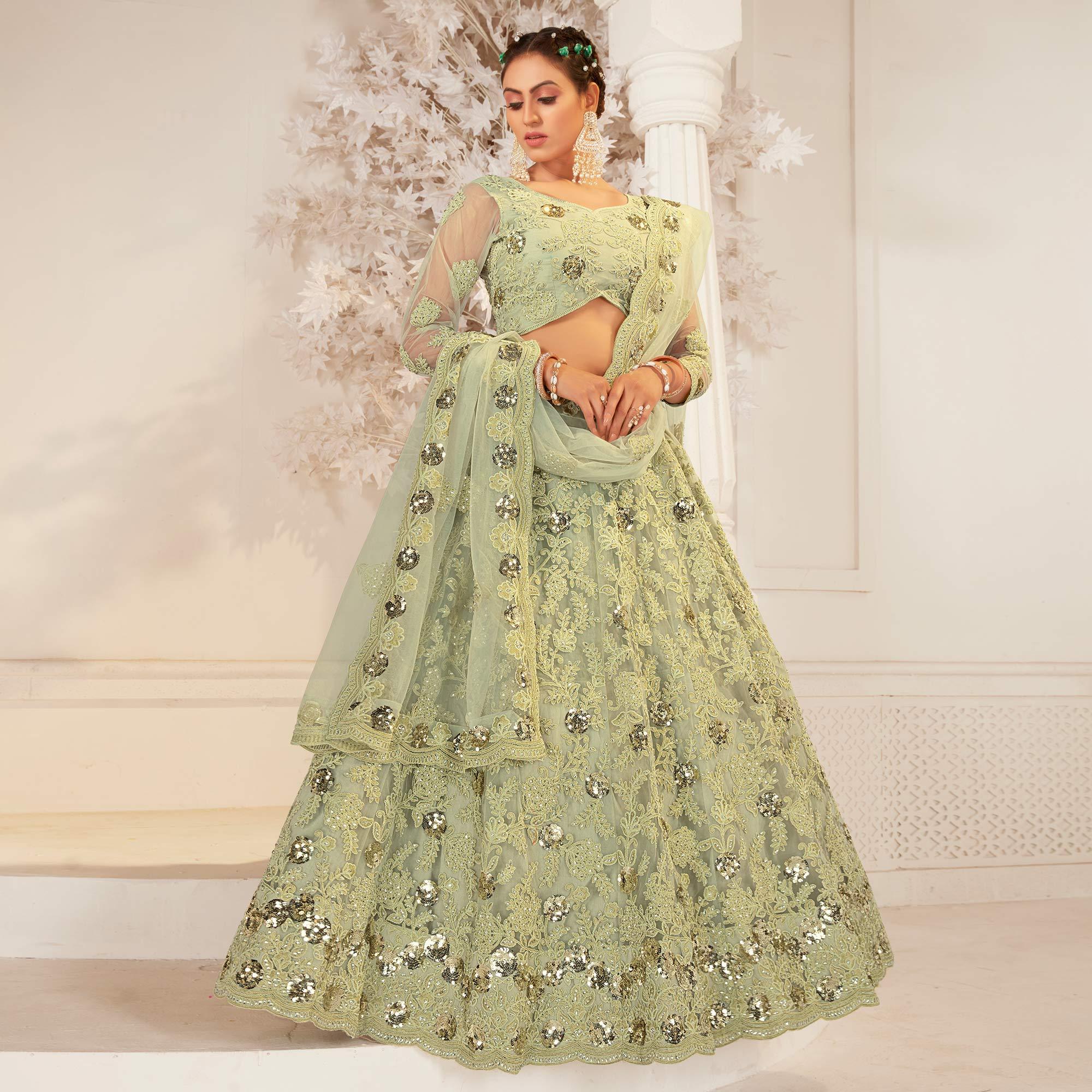 Pista Green Partywear Cording Embroidery With Embellished Net Lehenga Choli - Peachmode