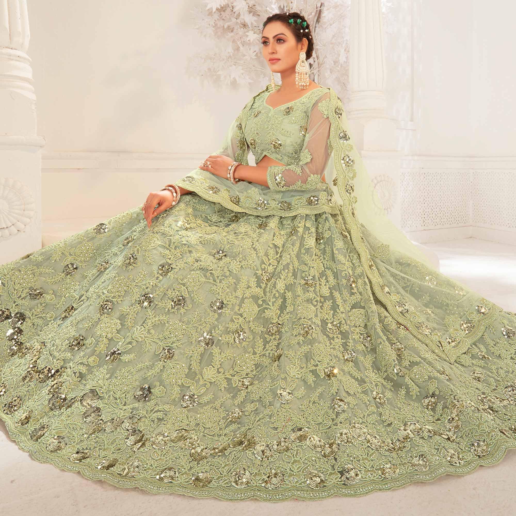 Pista Green Partywear Cording Embroidery With Embellished Net Lehenga Choli - Peachmode