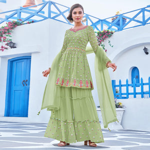 Pista Green Partywear Designer Embroidery Georgette Sharara Suit - Peachmode