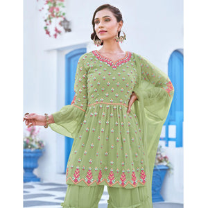 Pista Green Partywear Designer Embroidery Georgette Sharara Suit - Peachmode