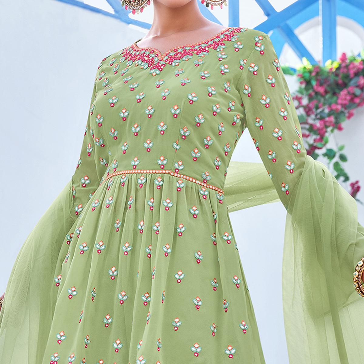 Pista Green Partywear Designer Embroidery Georgette Sharara Suit - Peachmode