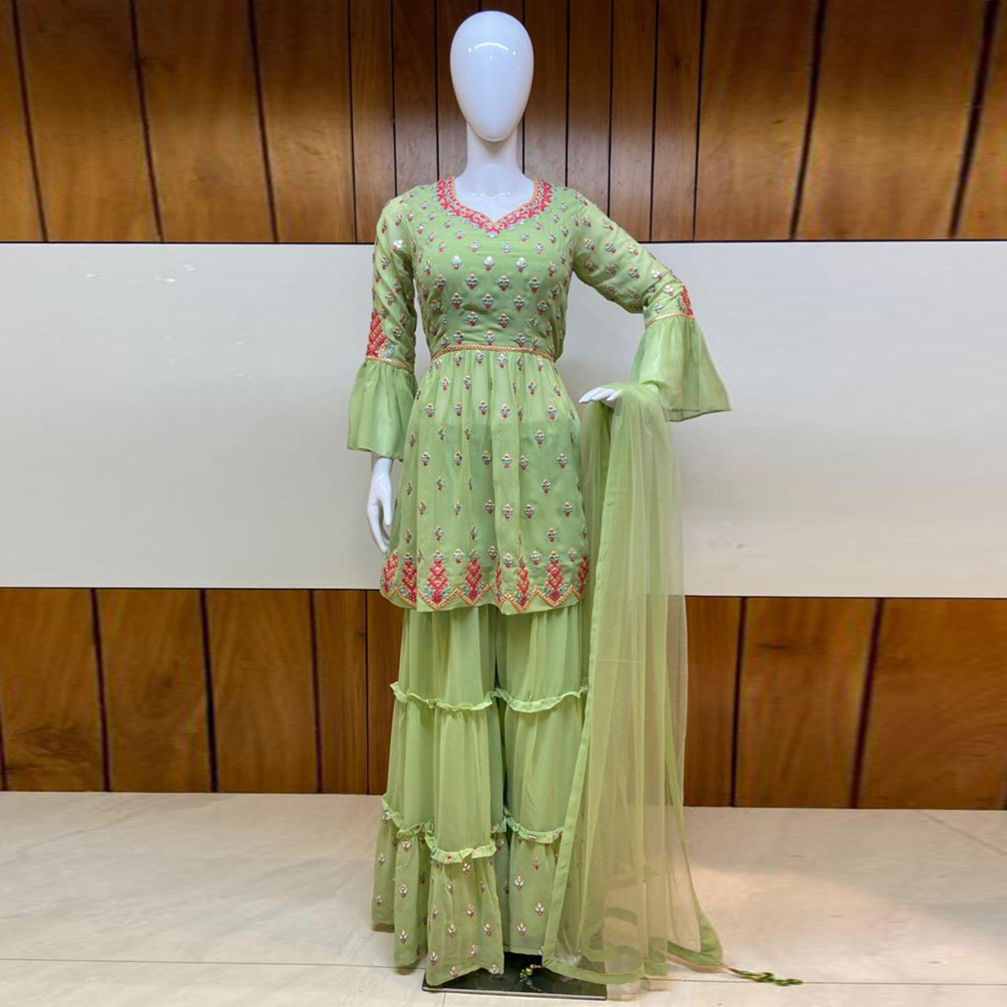 Pista Green Partywear Designer Embroidery Georgette Sharara Suit - Peachmode