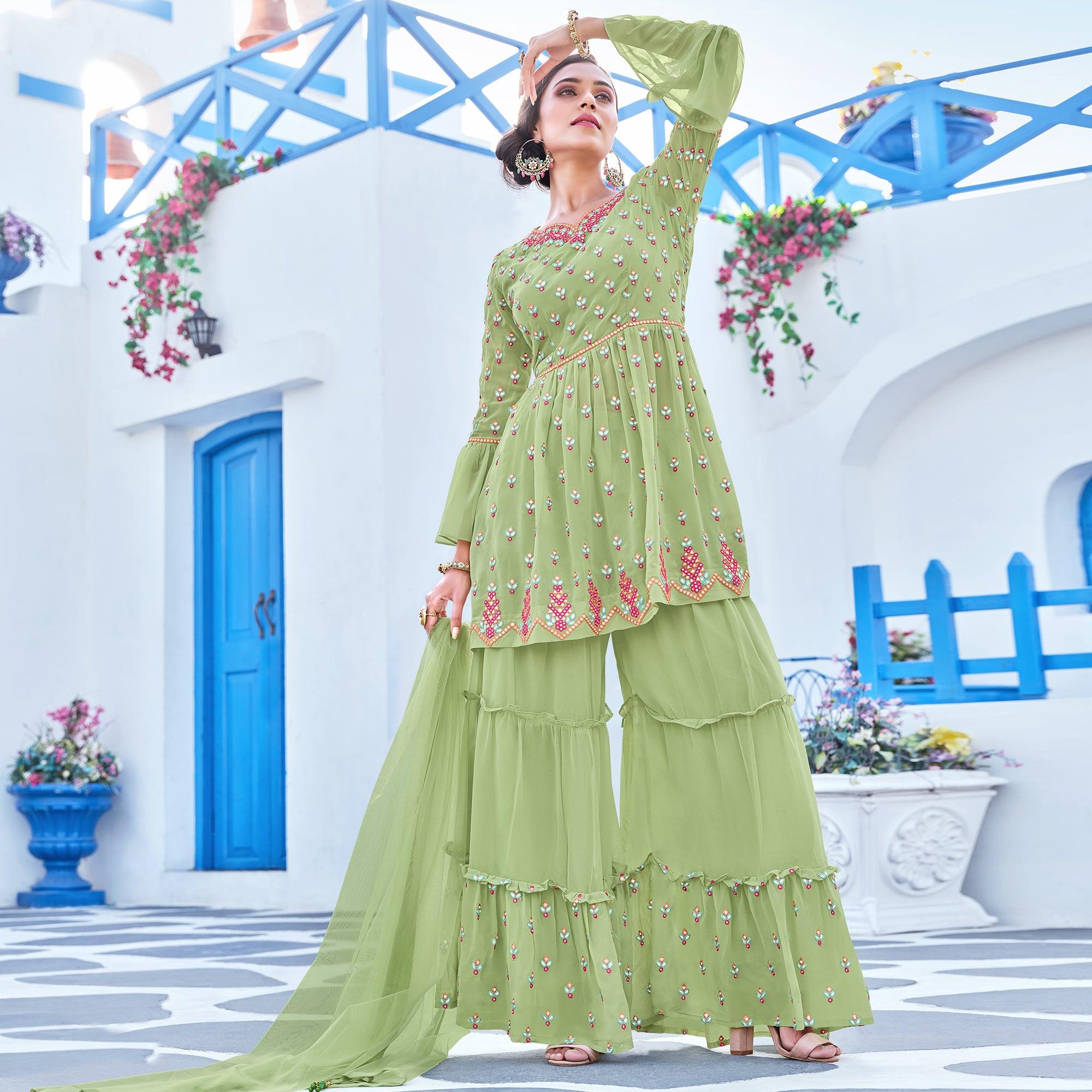 Pista Green Partywear Designer Embroidery Georgette Sharara Suit - Peachmode