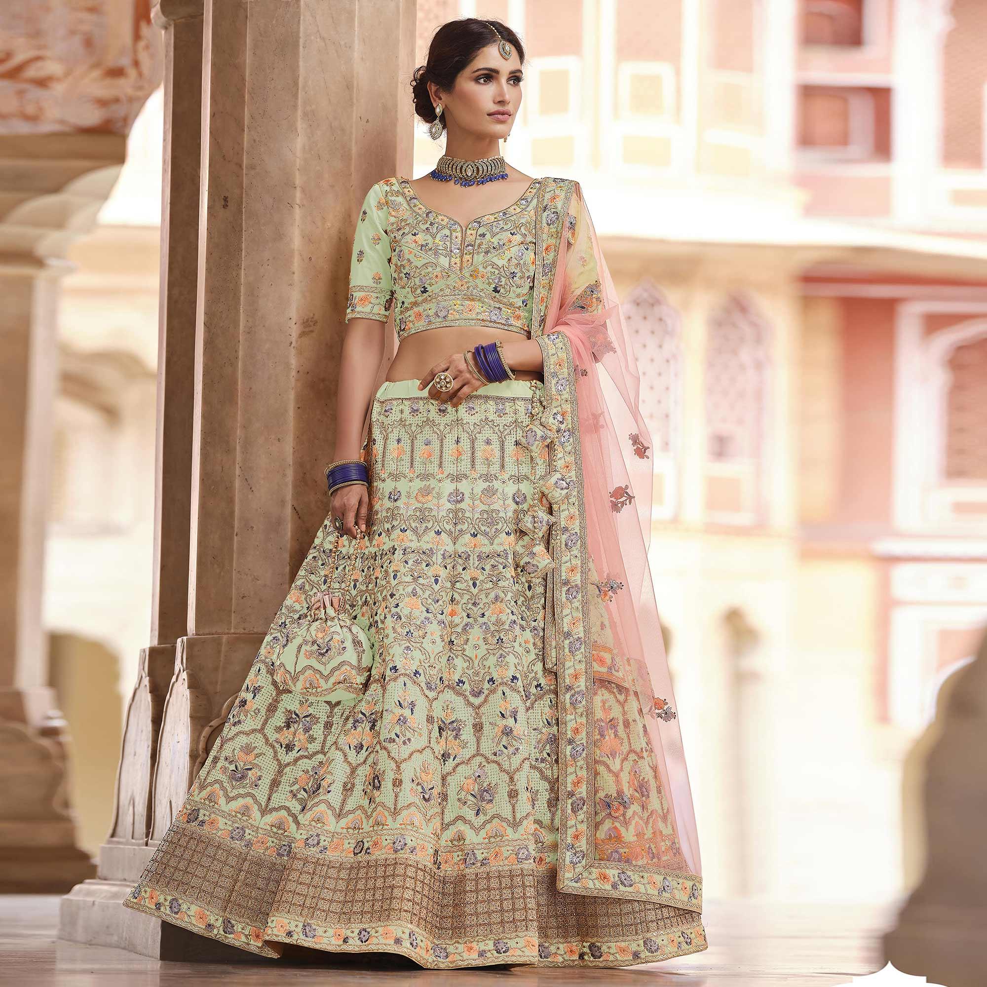 Pista Green Partywear Embellished & Sequence Art Silk Lehenga Choli - Peachmode