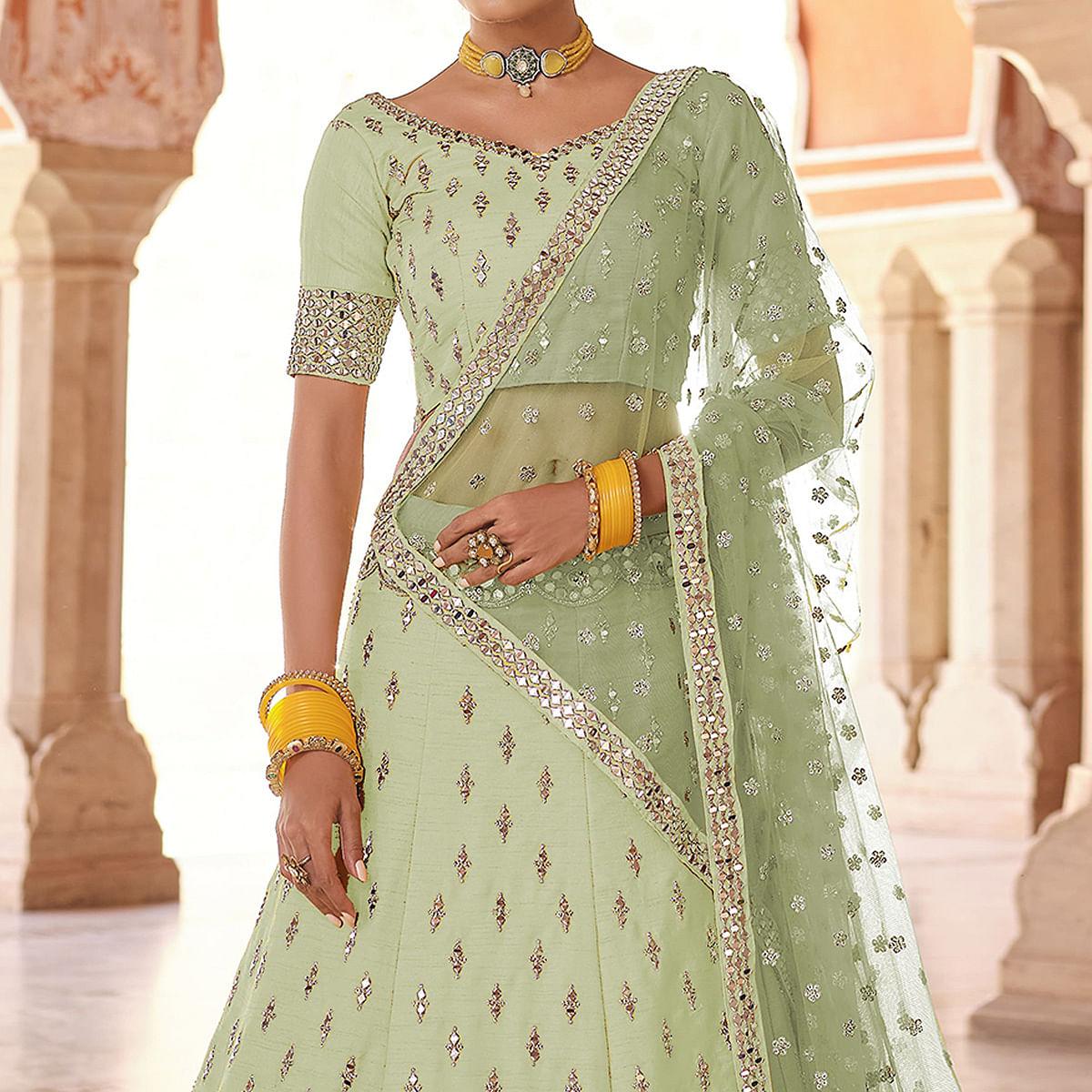 Pista Green Partywear Embellished Art Silk Lehenga Choli - Peachmode