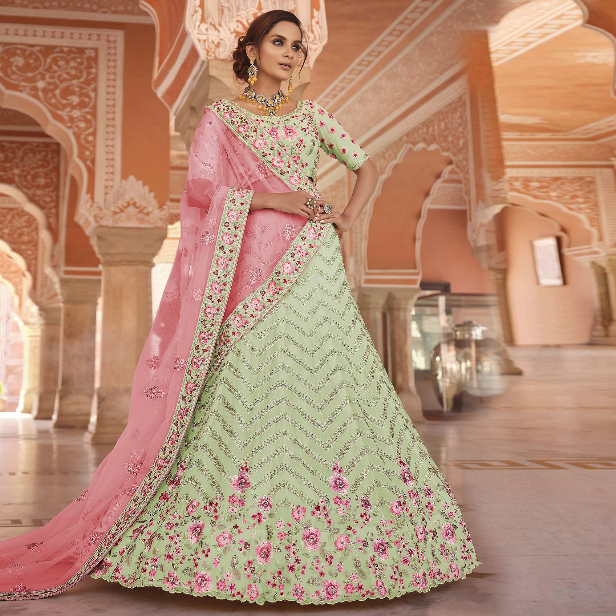 Pista Green Partywear Embellished Georgette Lehenga Choli - Peachmode