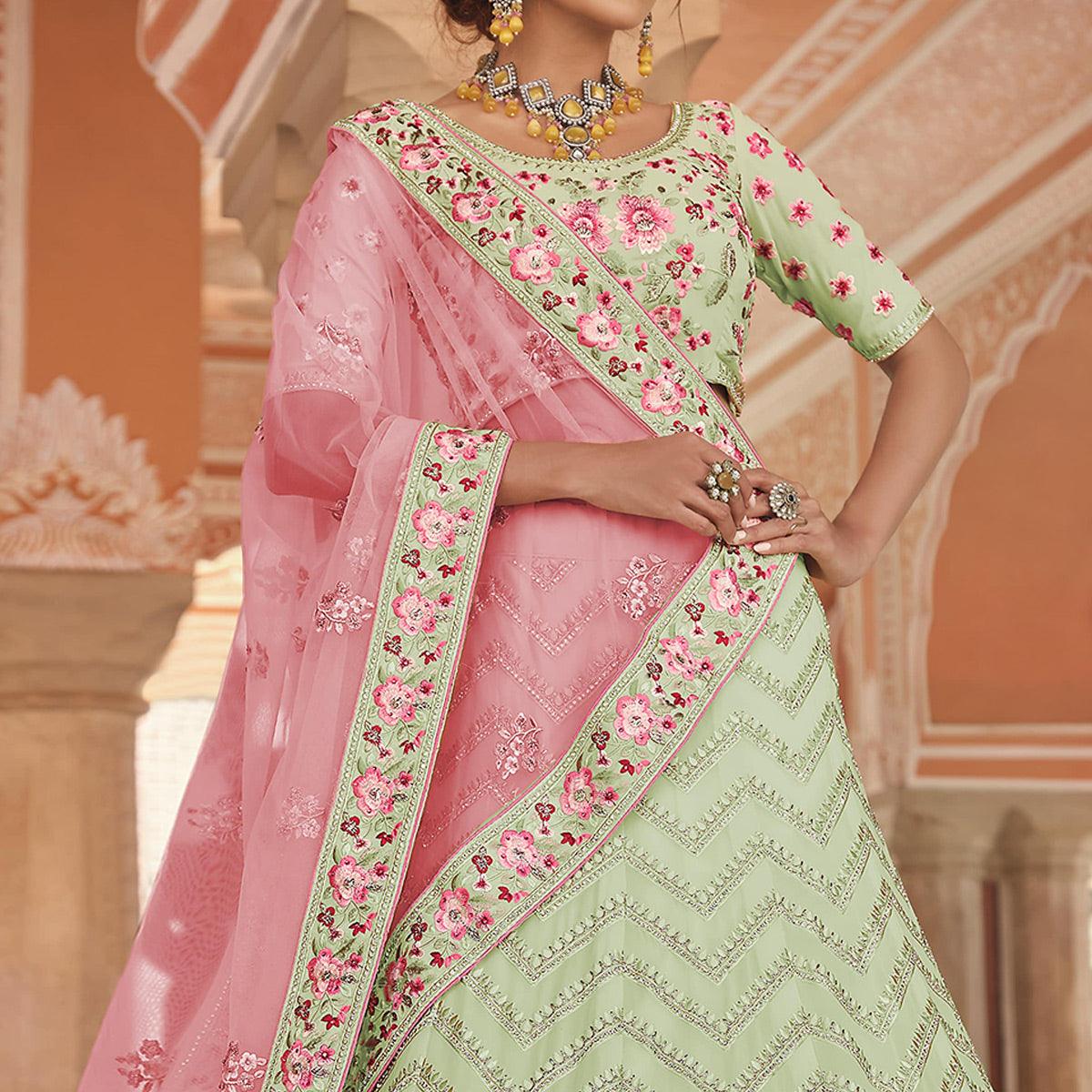Pista Green Partywear Embellished Georgette Lehenga Choli - Peachmode