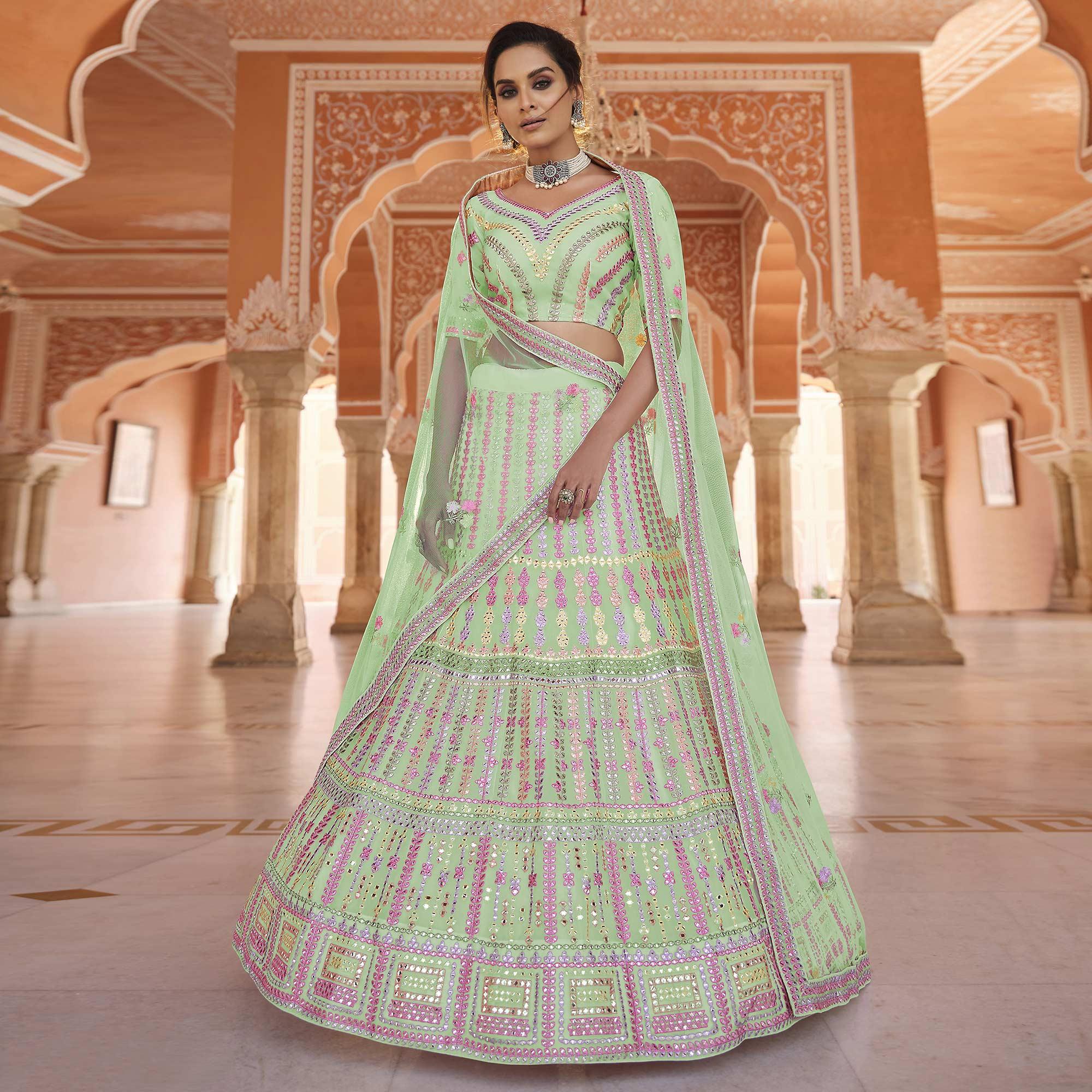 Pista Green Partywear Embellished Organza Lehenga Choli - Peachmode