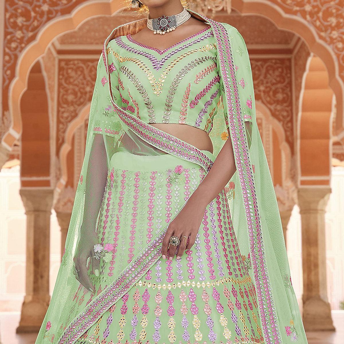 Pista Green Partywear Embellished Organza Lehenga Choli - Peachmode