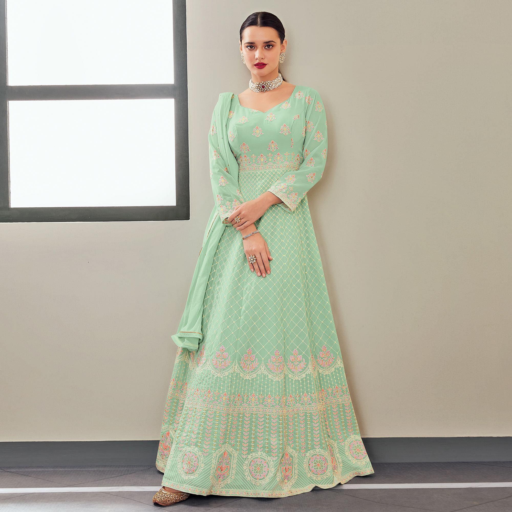 Pista Green Partywear Embroidered Real Georgette Anarkali Suit - Peachmode