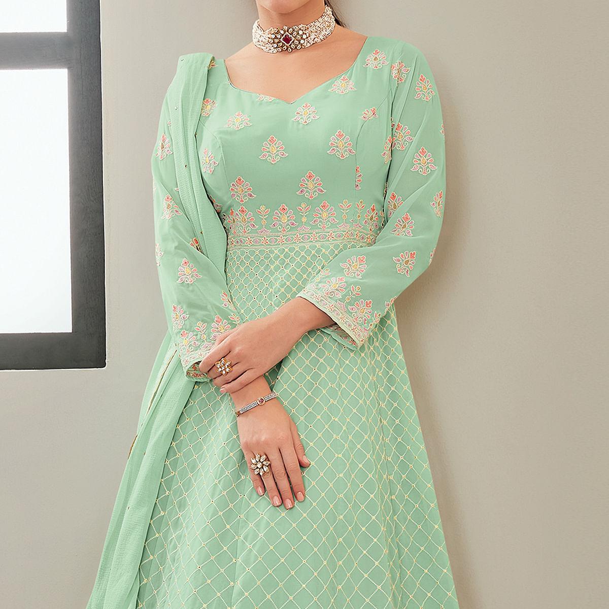 Pista Green Partywear Embroidered Real Georgette Anarkali Suit - Peachmode