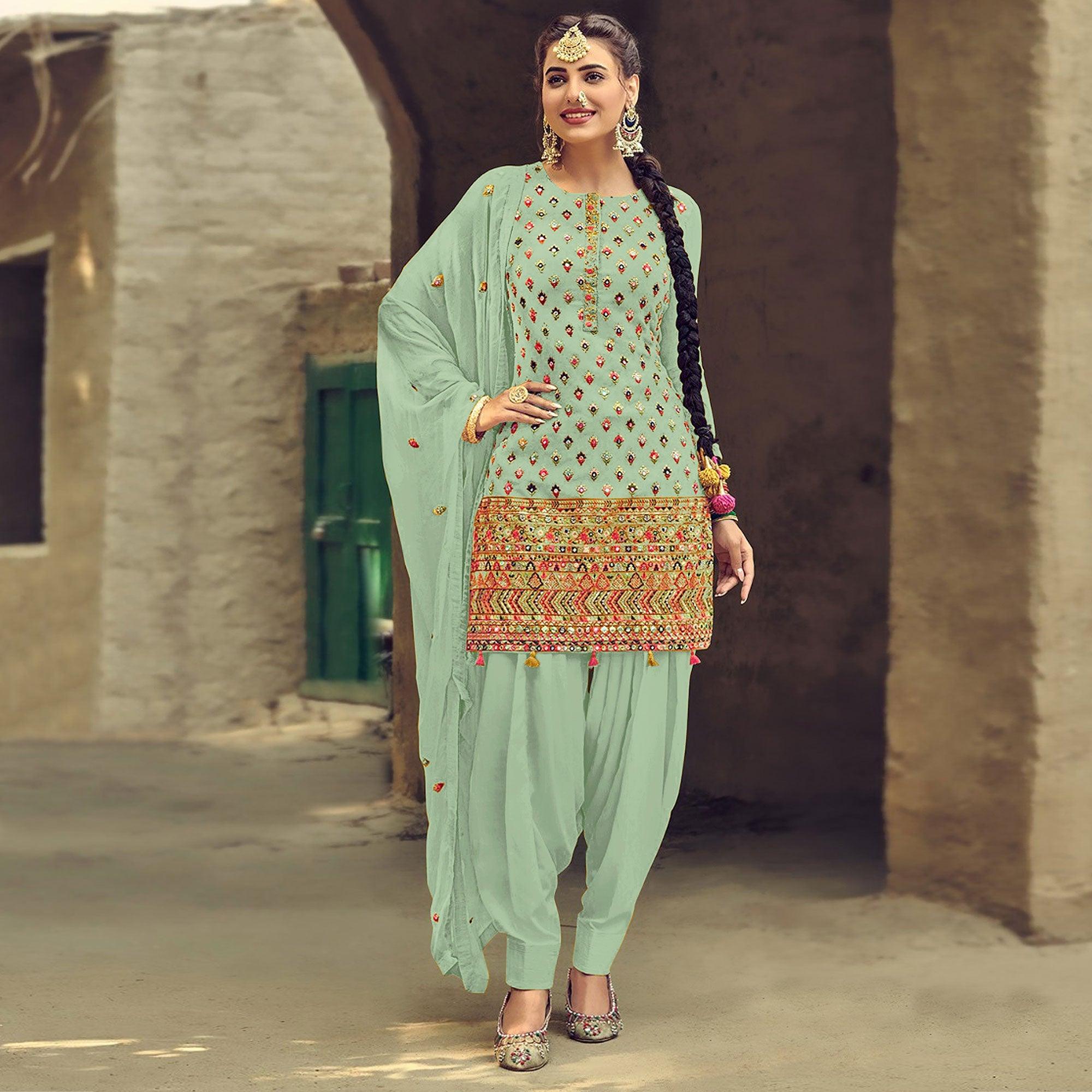Pista Green Partywear Embroidered with Sequence Work Heavy Faux Georgette Patiala Suit - Peachmode