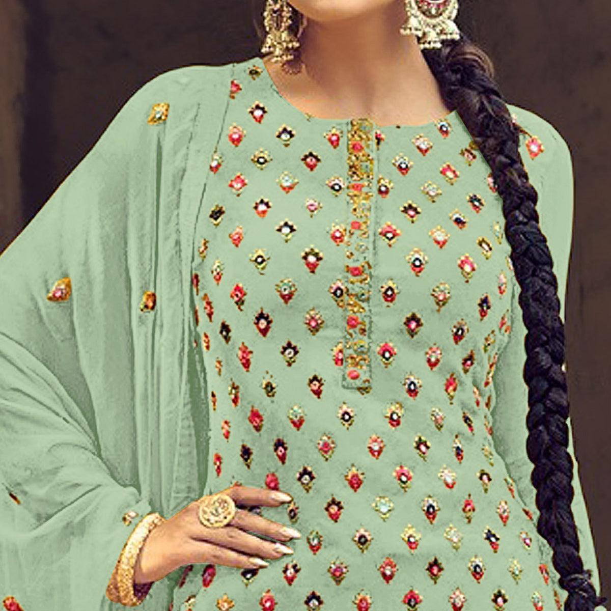 Pista Green Partywear Embroidered with Sequence Work Heavy Faux Georgette Patiala Suit - Peachmode