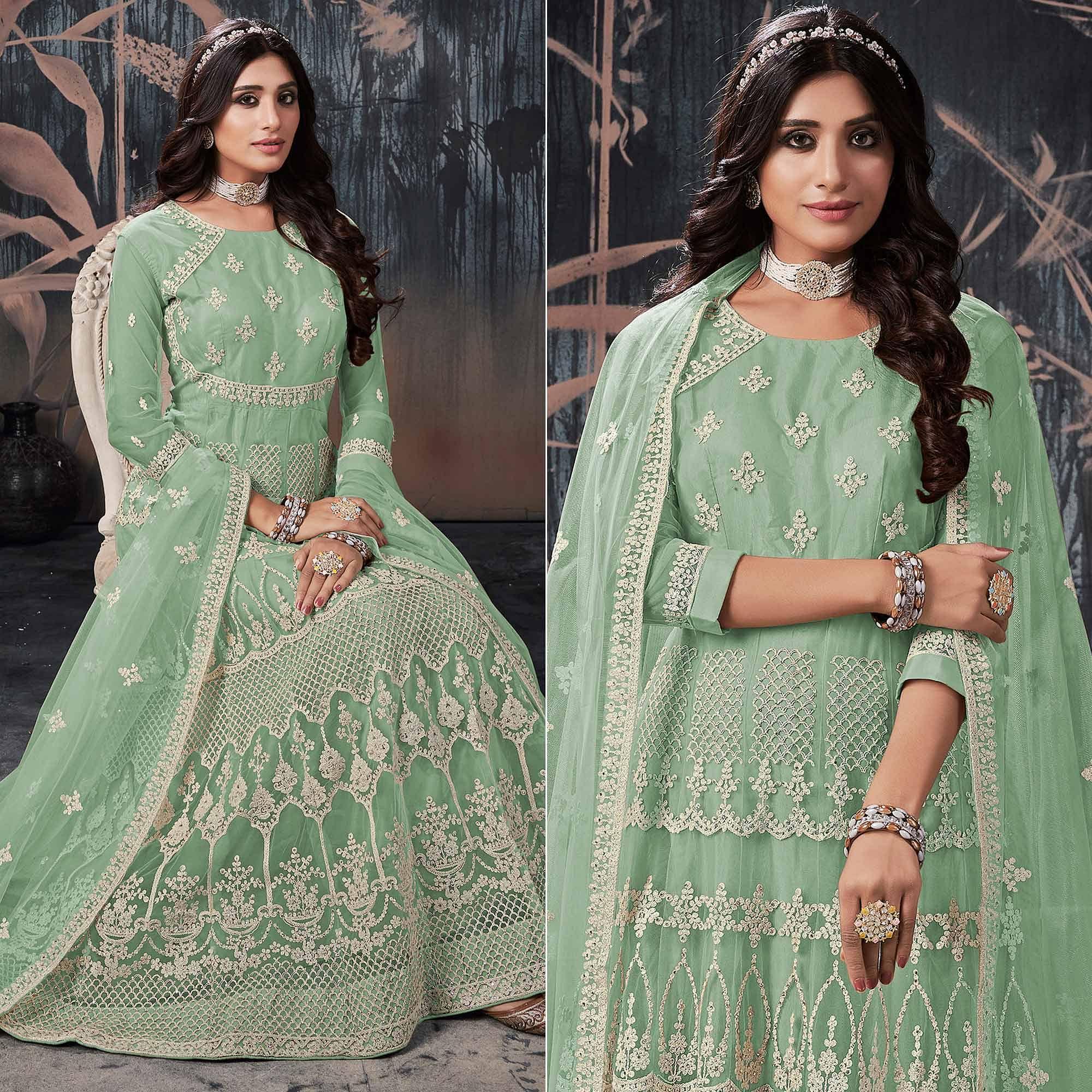 Pista Green Partywear Embroidery With Embellished Net Gown - Peachmode