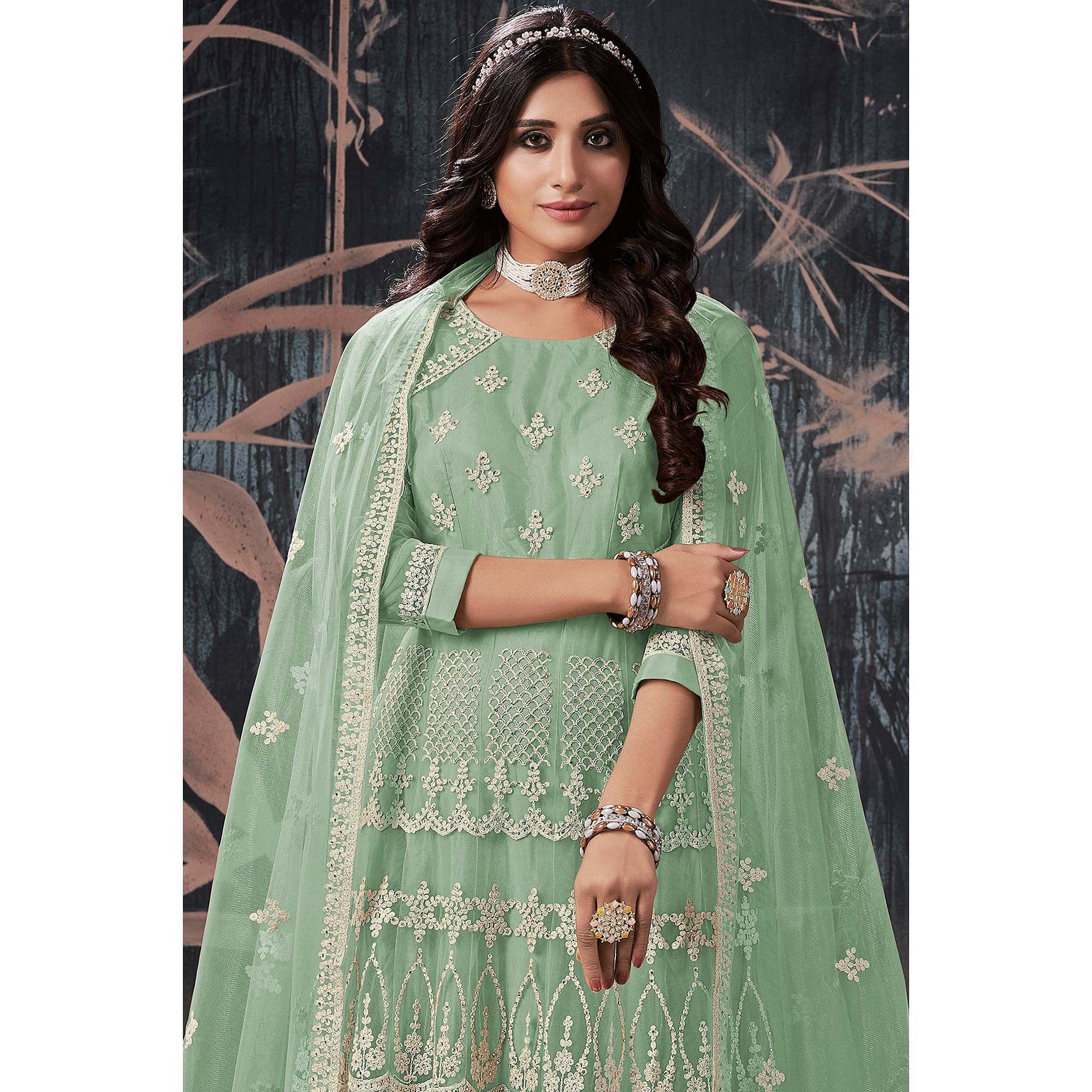 Pista Green Partywear Embroidery With Embellished Net Gown - Peachmode