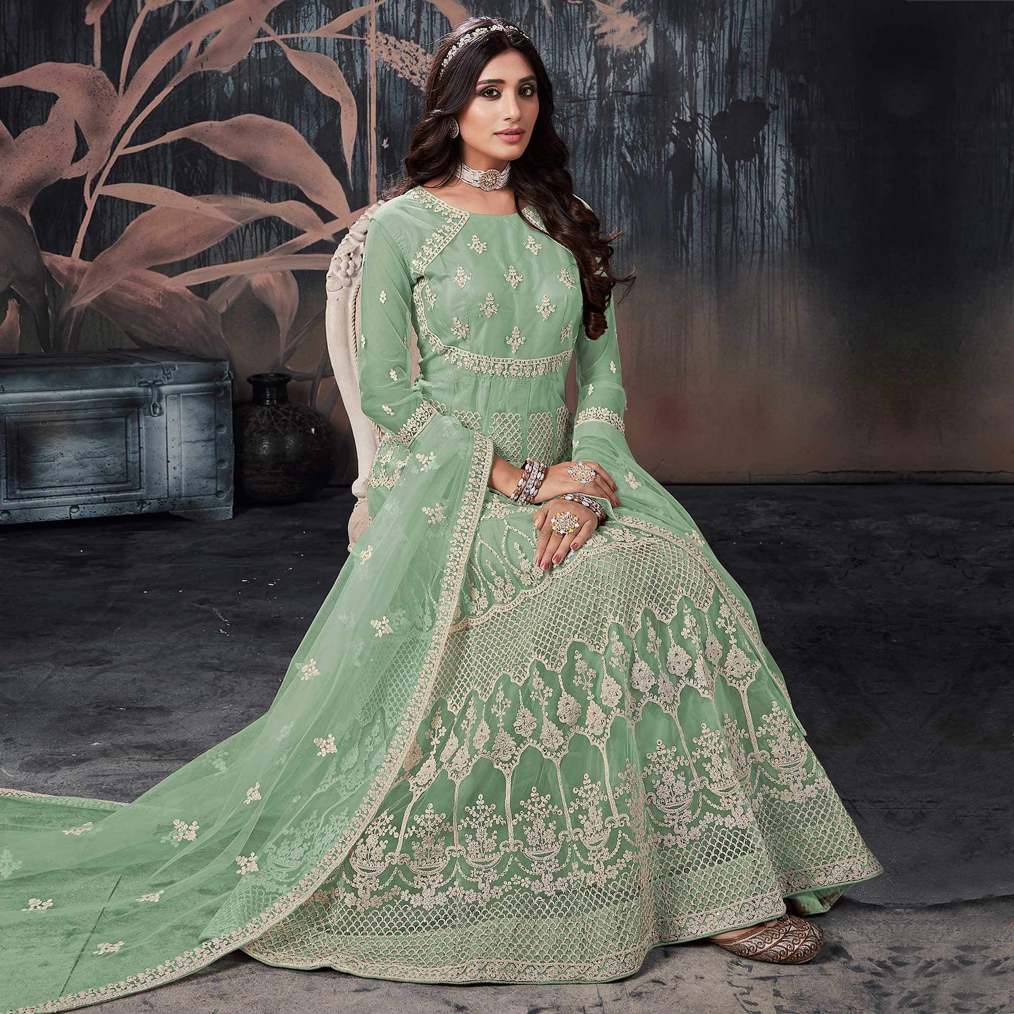 Pista Green Partywear Embroidery With Embellished Net Gown - Peachmode