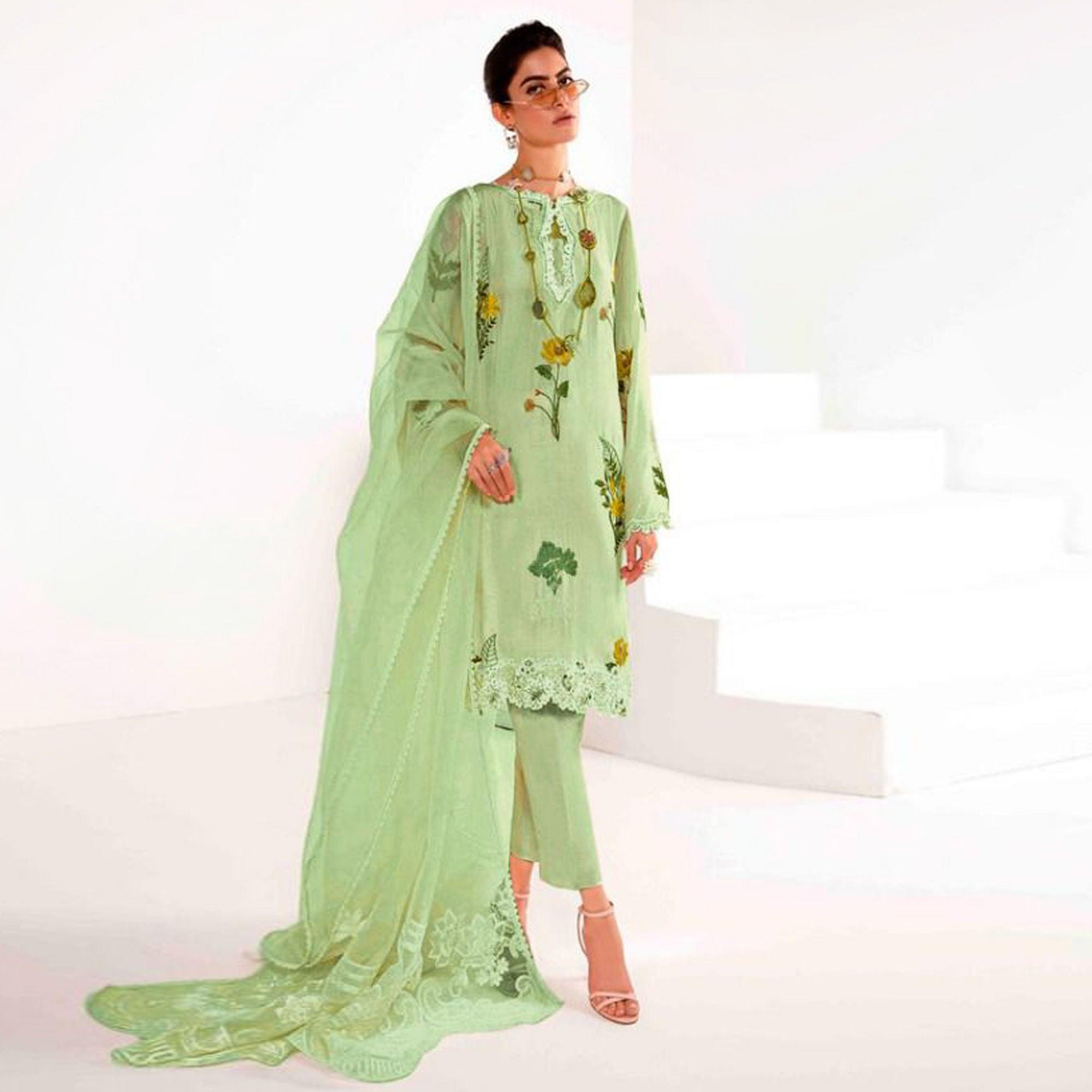 Pista Green Partywear Floral Embroidered Georgette Pakistani Suit - Peachmode