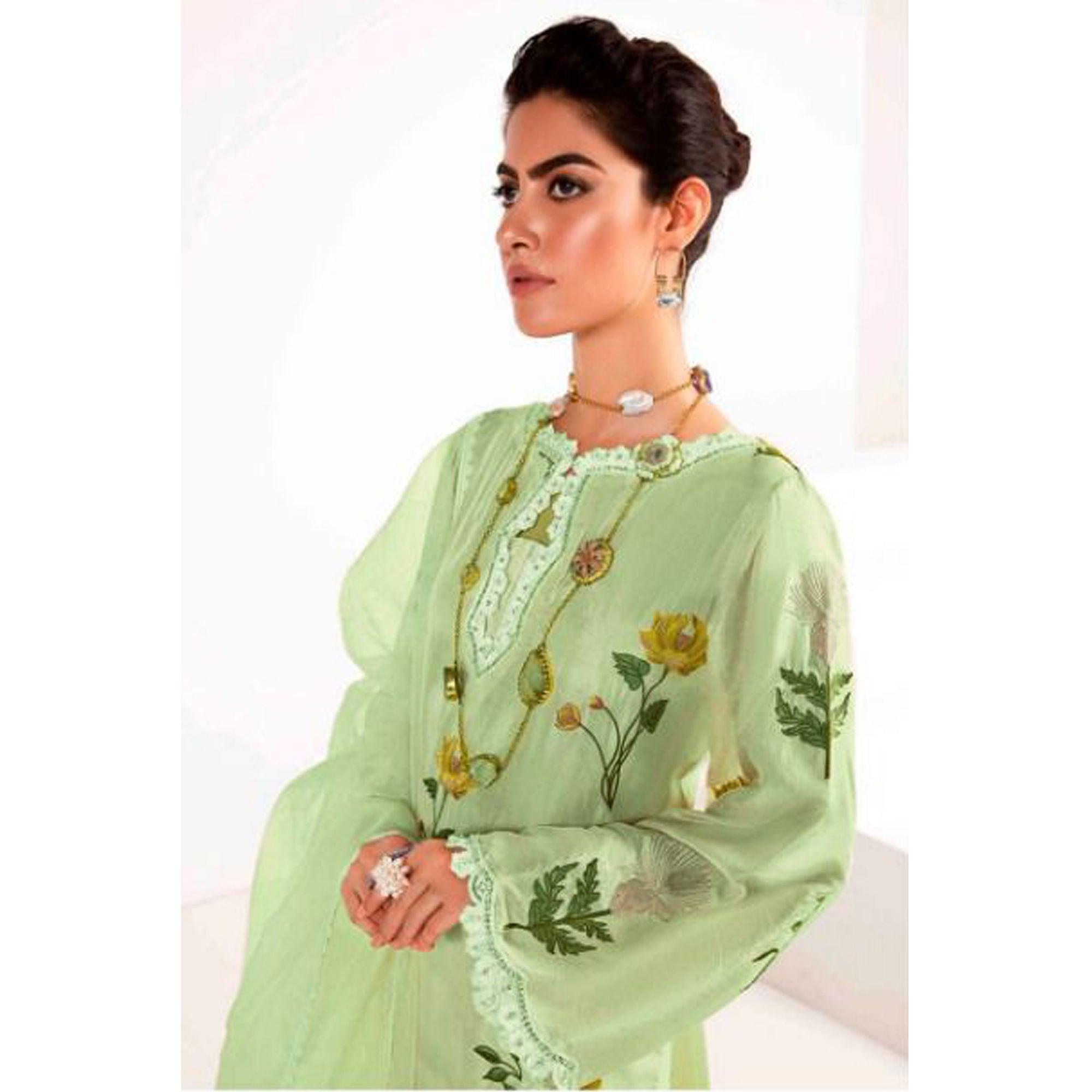 Pista Green Partywear Floral Embroidered Georgette Pakistani Suit - Peachmode