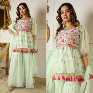Pista Green Partywear Floral Embroidered Georgette Palazzo Suit With Dupatta - Peachmode