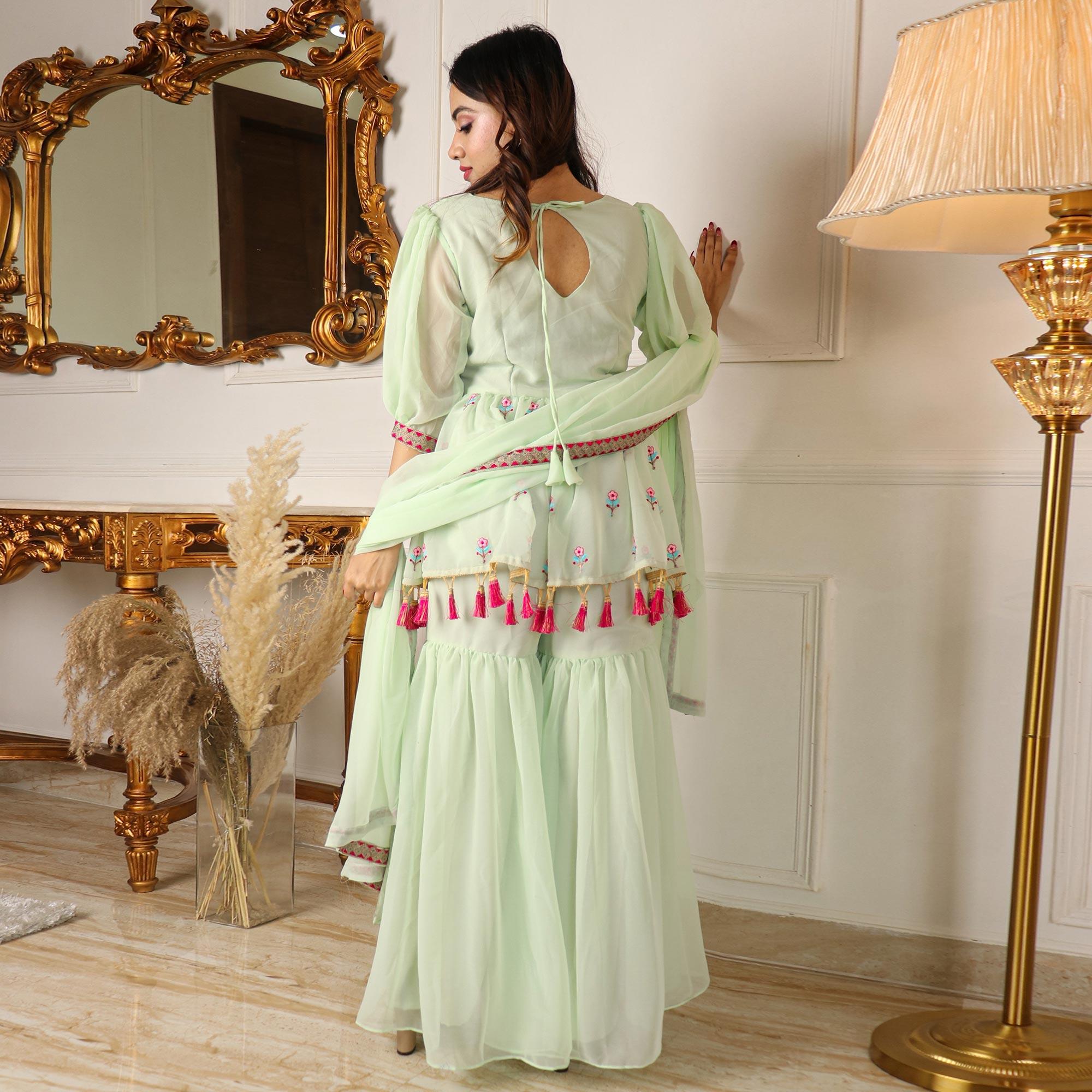 Pista Green Partywear Floral Embroidered Georgette Palazzo Suit With Dupatta - Peachmode