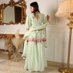 Pista Green Partywear Floral Embroidered Georgette Palazzo Suit With Dupatta - Peachmode