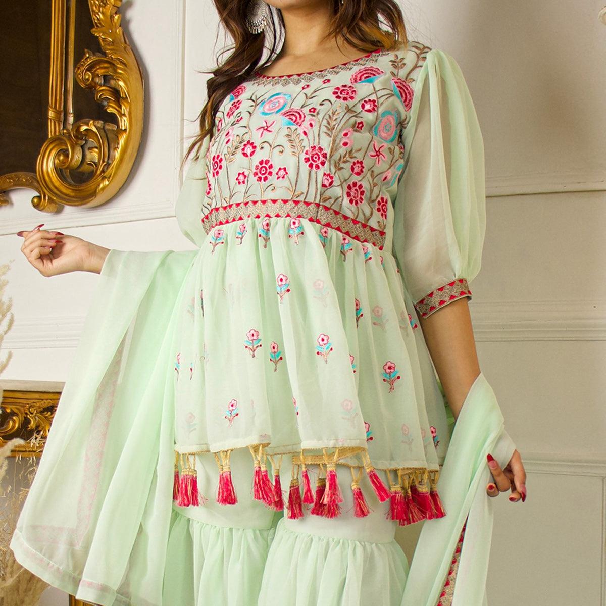 Pista Green Partywear Floral Embroidered Georgette Palazzo Suit With Dupatta - Peachmode