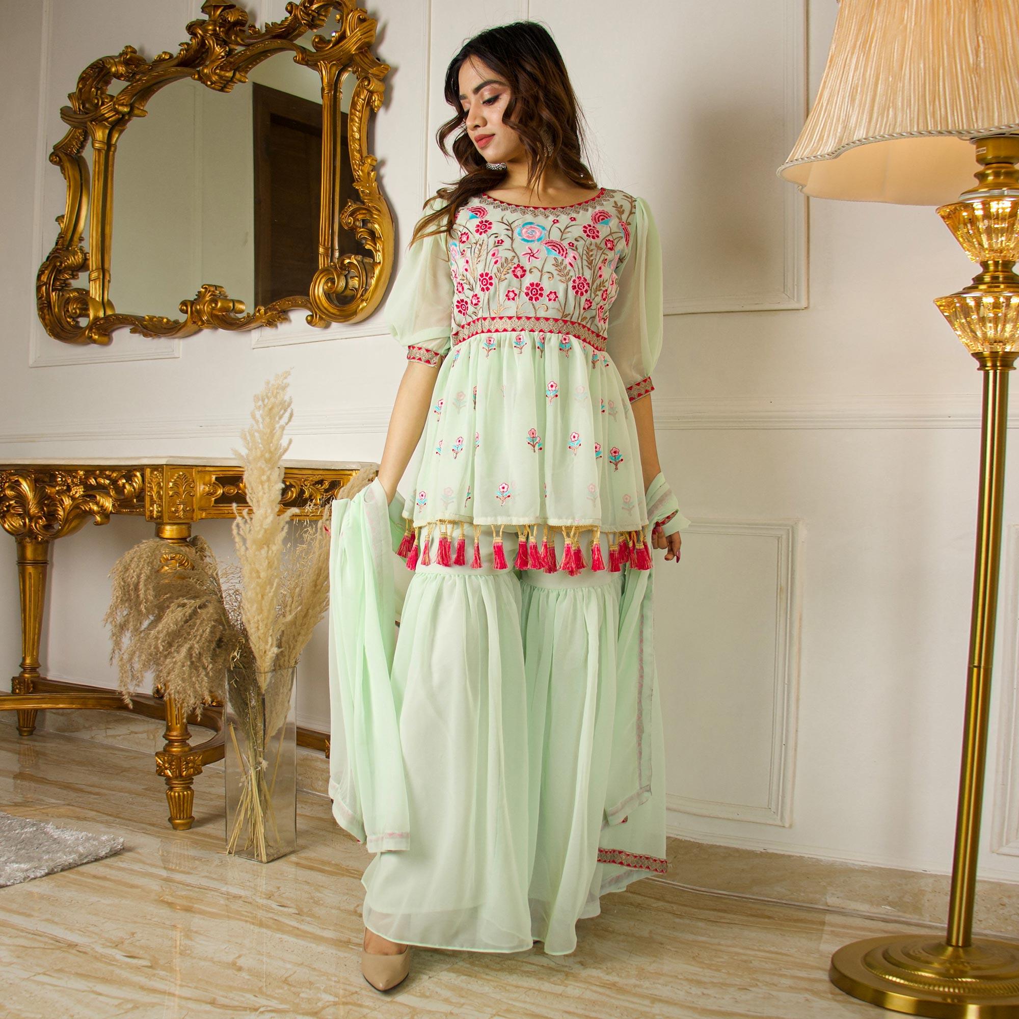 Pista Green Partywear Floral Embroidered Georgette Palazzo Suit With Dupatta - Peachmode