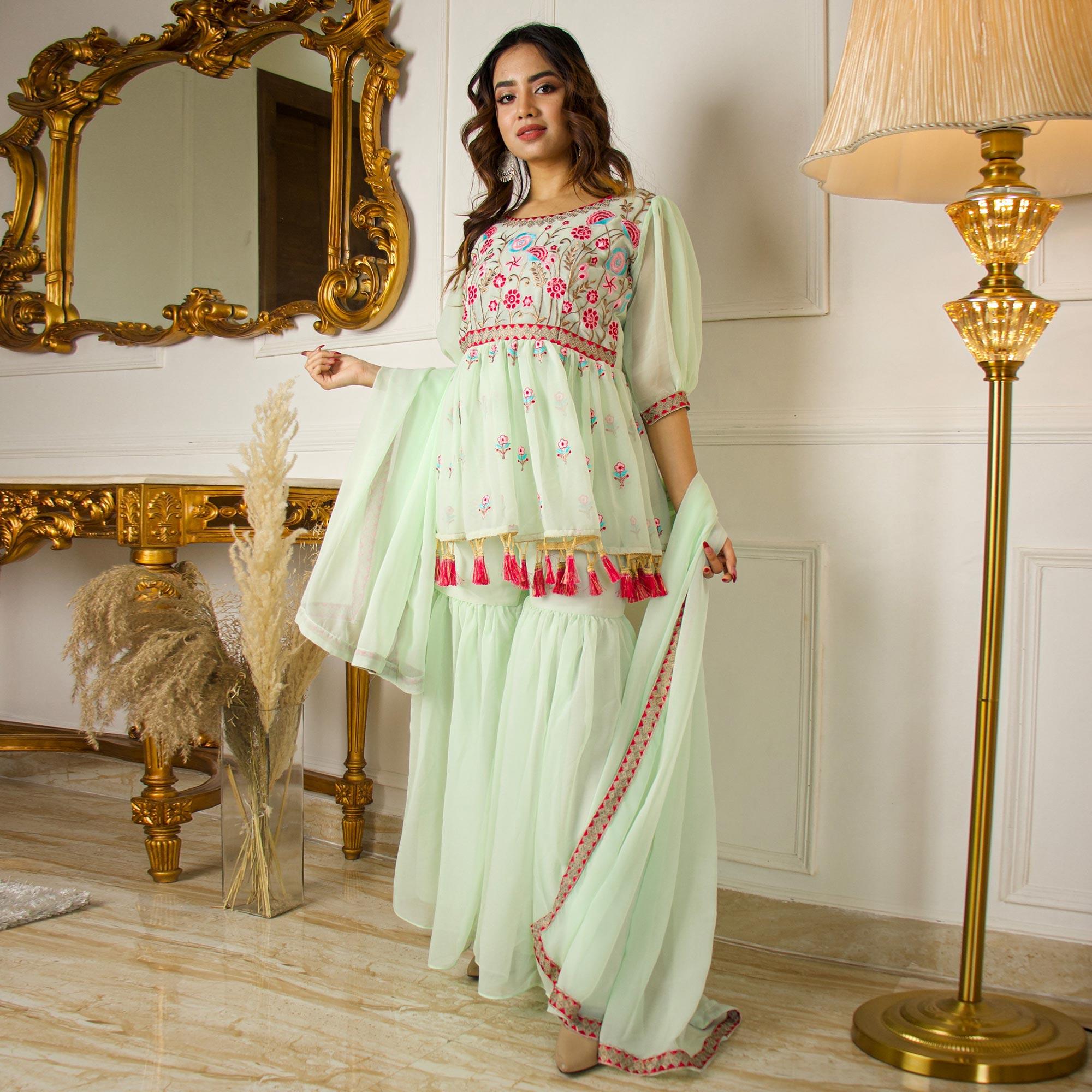 Pista Green Partywear Floral Embroidered Georgette Palazzo Suit With Dupatta - Peachmode