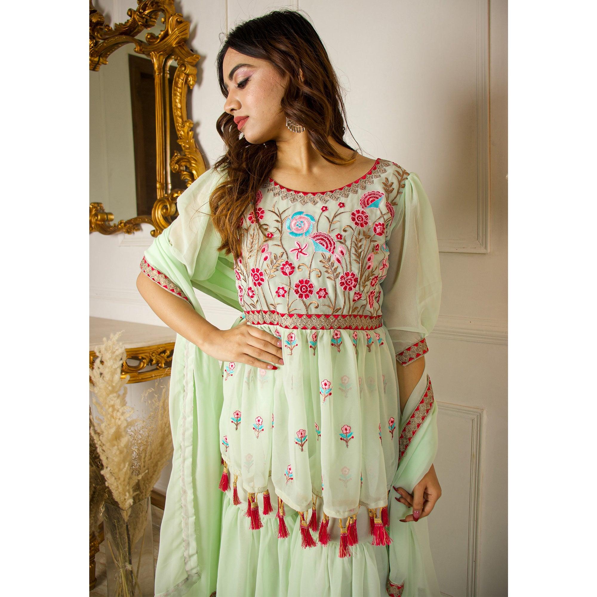 Pista Green Partywear Floral Embroidered Georgette Palazzo Suit With Dupatta - Peachmode