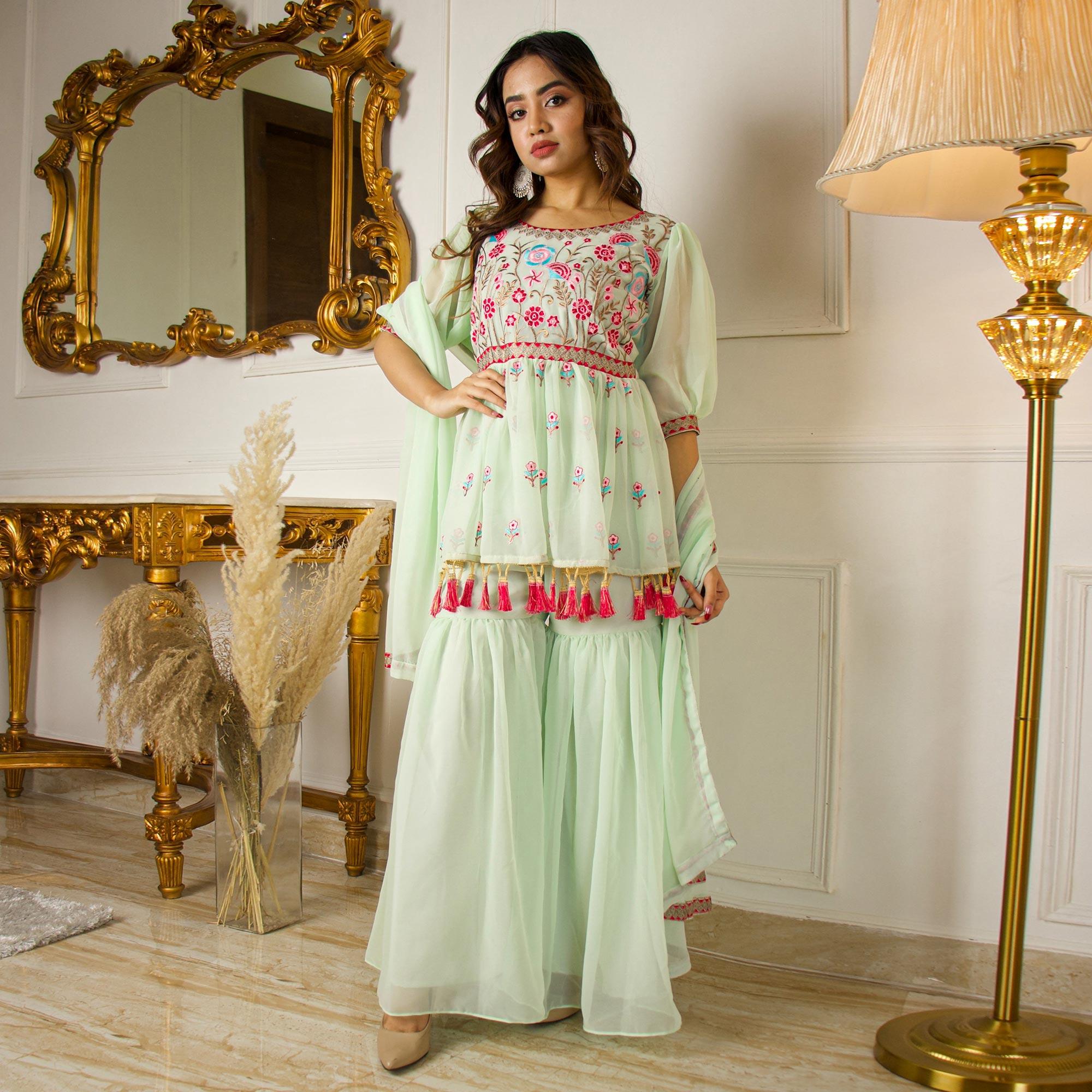 Pista Green Partywear Floral Embroidered Georgette Palazzo Suit With Dupatta - Peachmode