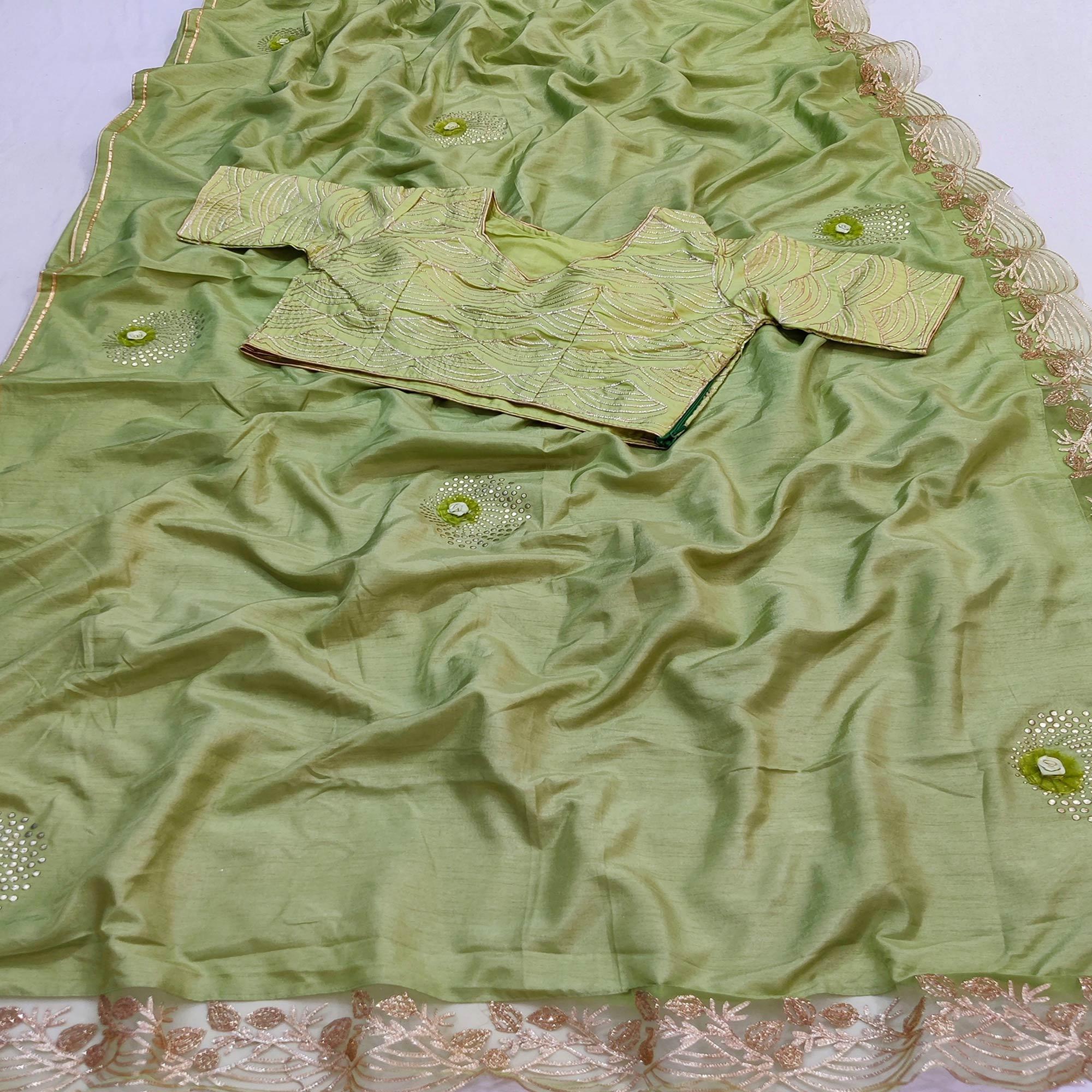 Pista Green Partywear Floral Mukeish Embroidered Dola Silk Saree - Peachmode