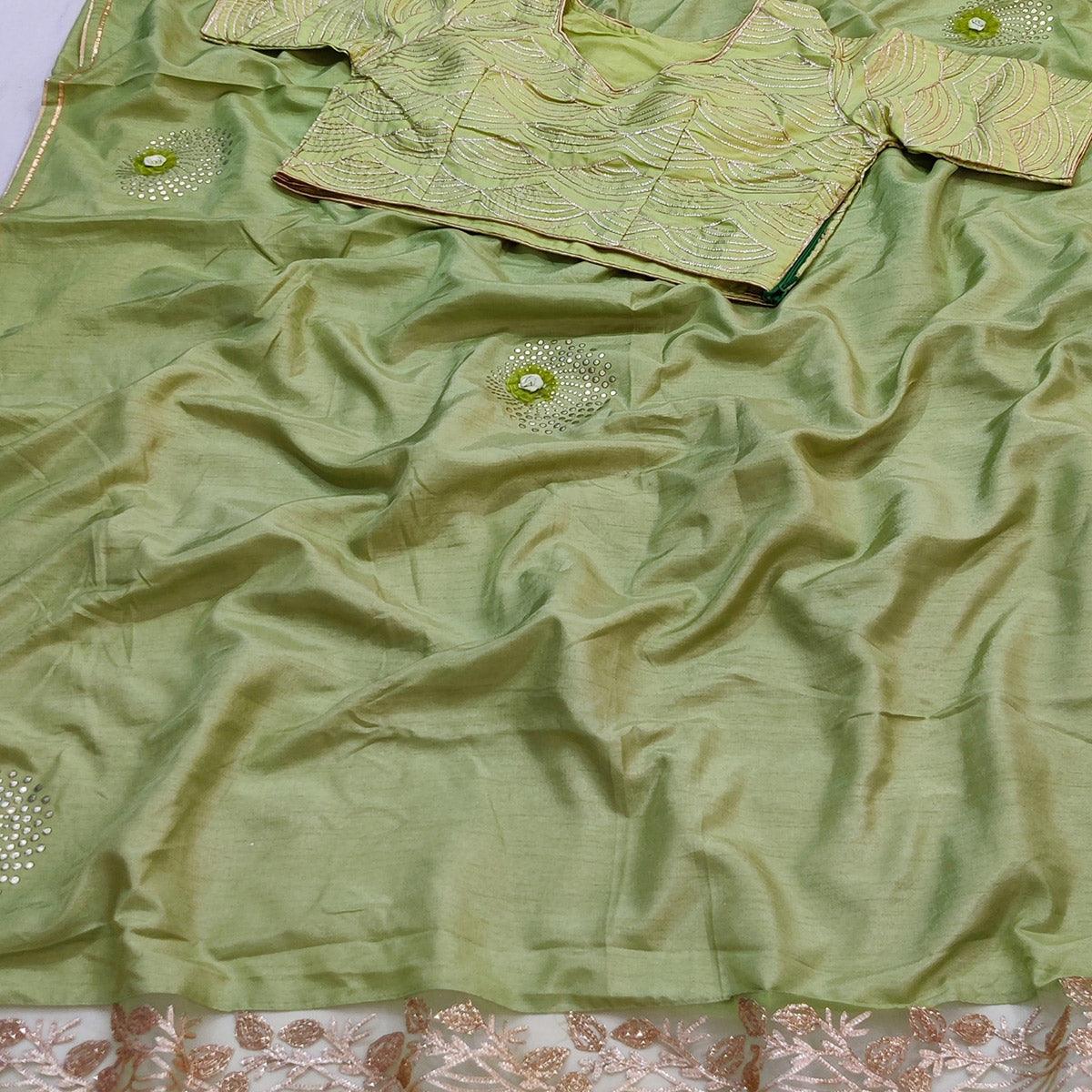 Pista Green Partywear Floral Mukeish Embroidered Dola Silk Saree - Peachmode