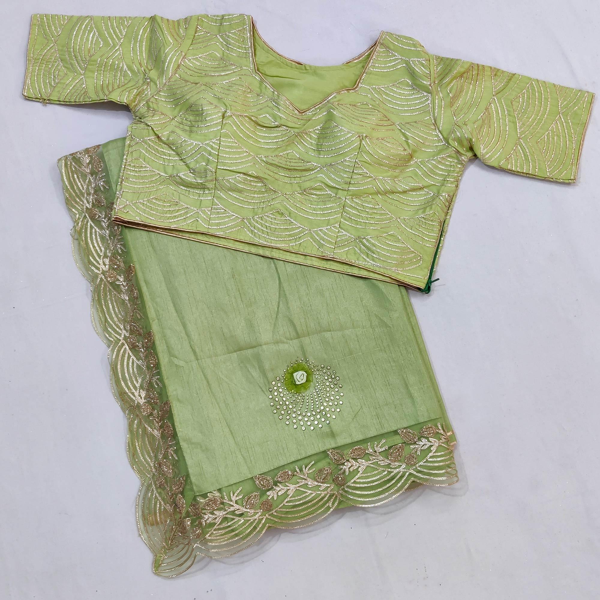 Pista Green Partywear Floral Mukeish Embroidered Dola Silk Saree - Peachmode