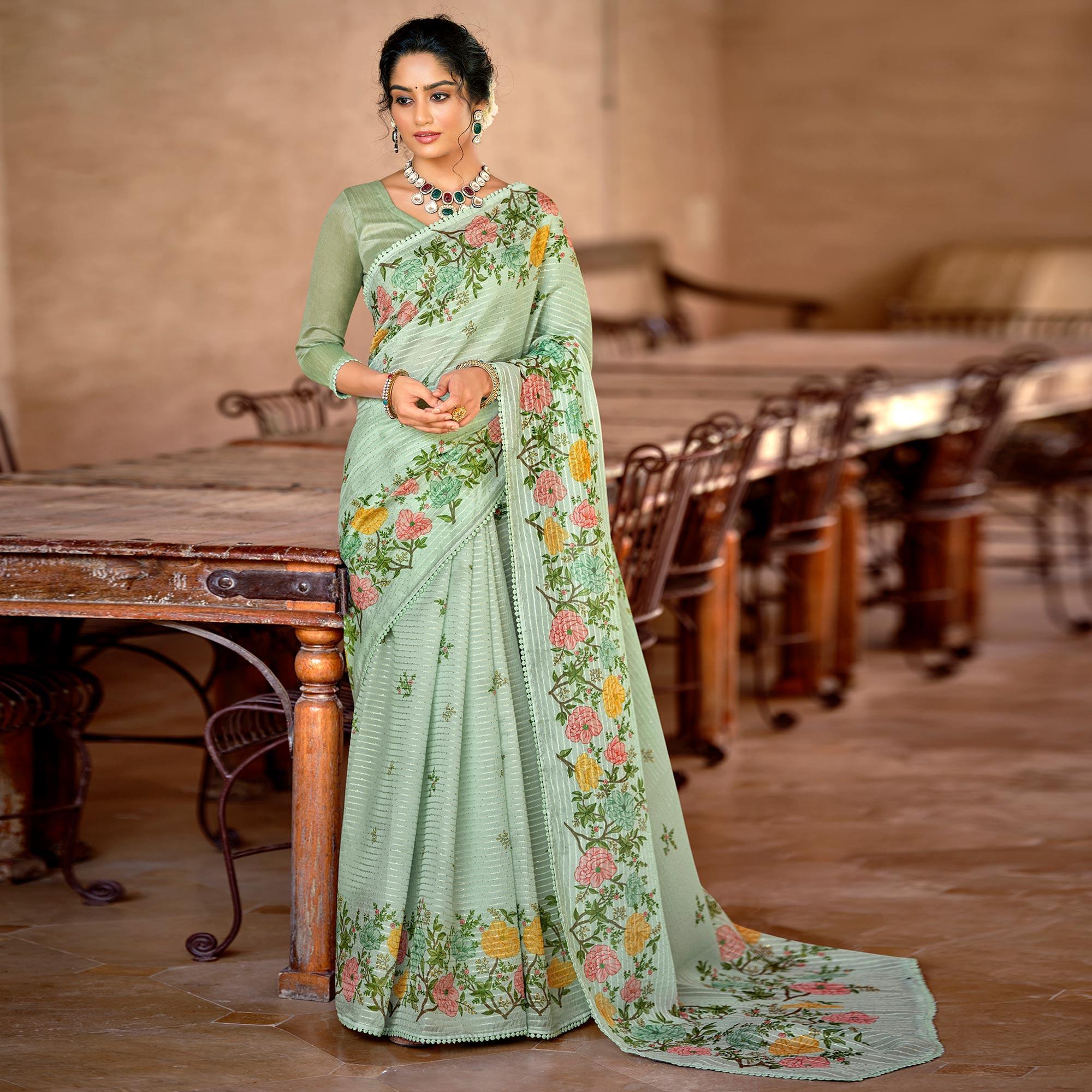 Pista Green Partywear Floral Printed With Sequence Jaal Organza Saree - Peachmode