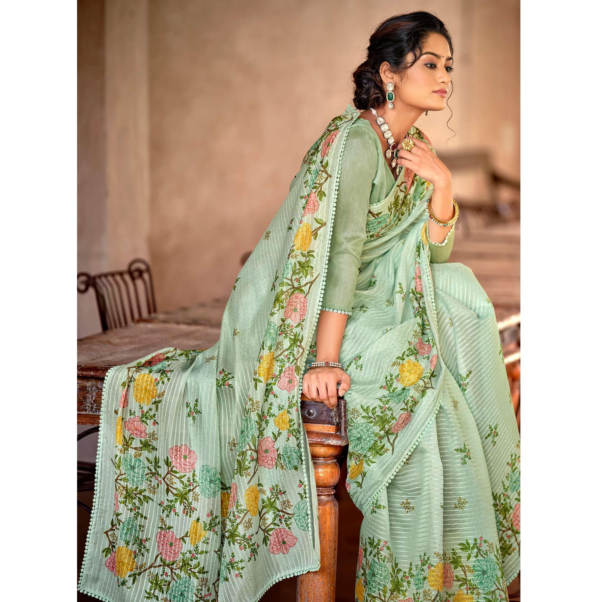 Pista Green Partywear Floral Printed With Sequence Jaal Organza Saree - Peachmode