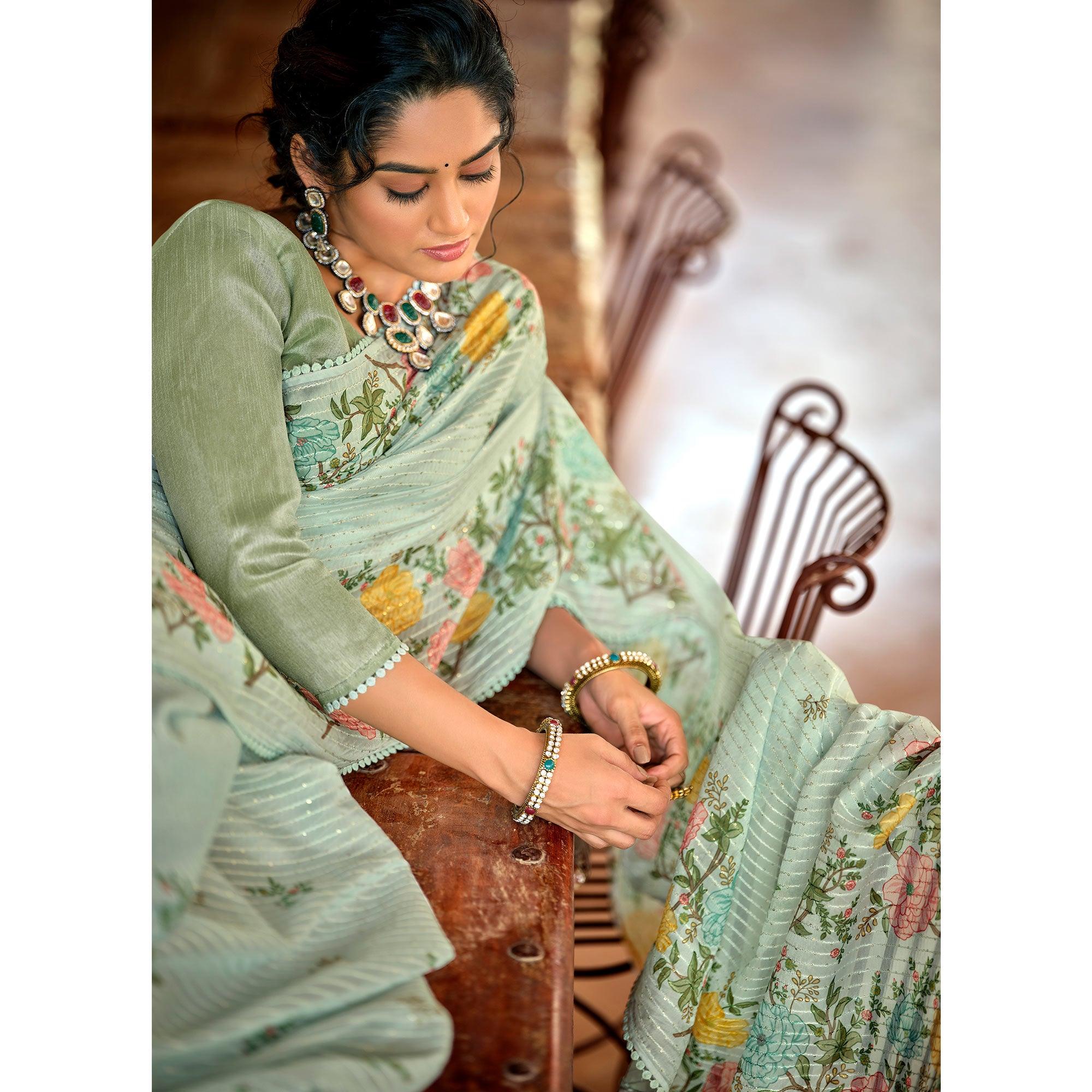 Pista Green Partywear Floral Printed With Sequence Jaal Organza Saree - Peachmode