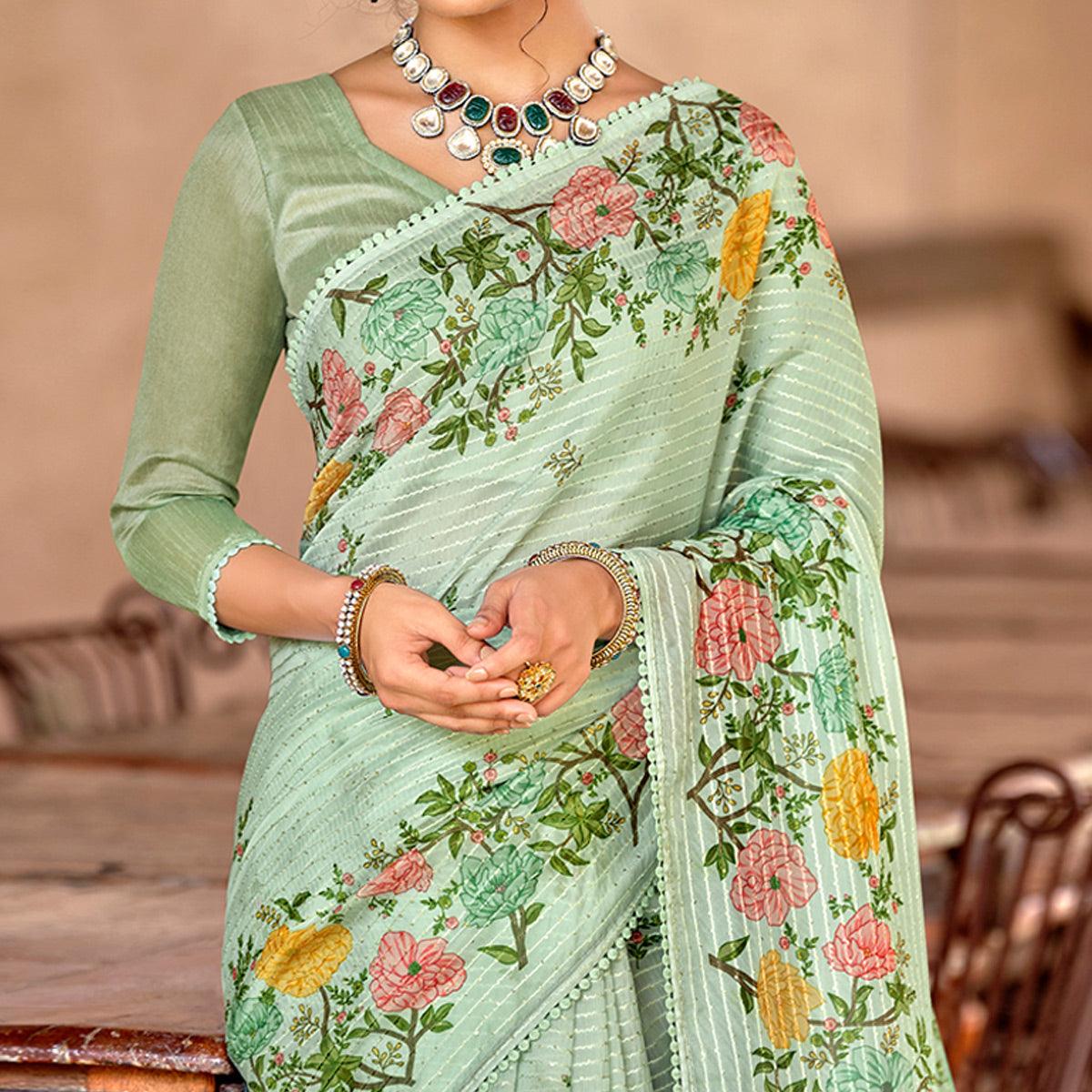 Pista Green Partywear Floral Printed With Sequence Jaal Organza Saree - Peachmode