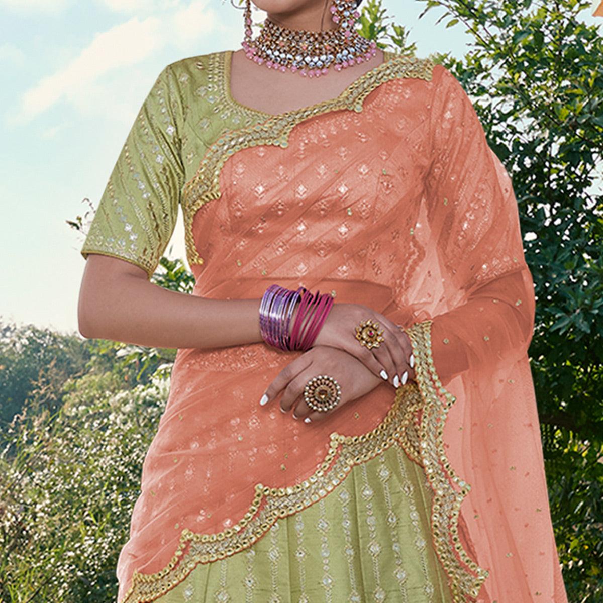 Pista Green Partywear Mirror Work Handloom Silk Lehenga Choli - Peachmode