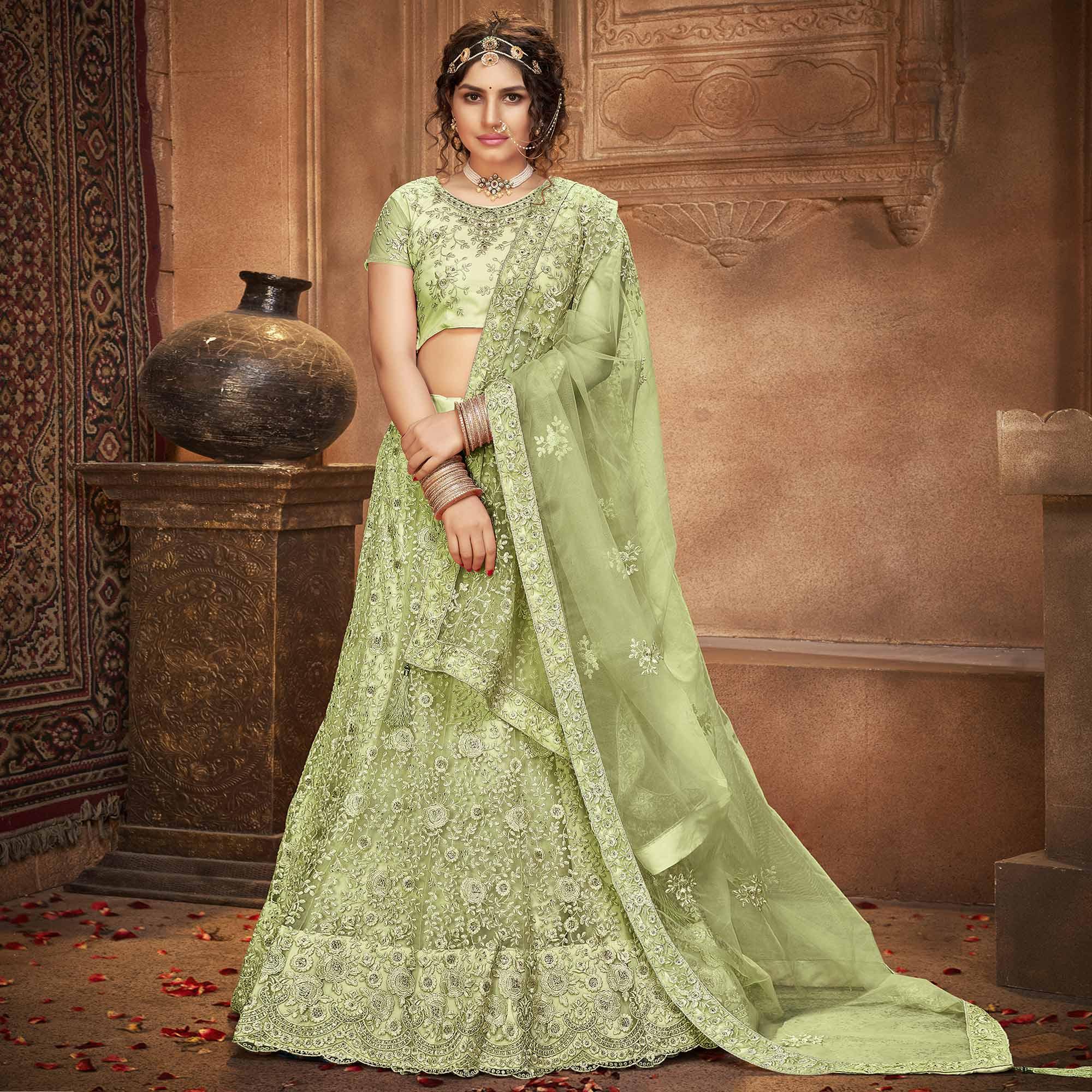 Pista Green Partywear Multi Sequence Embroidered Net Lehenga Choli - Peachmode